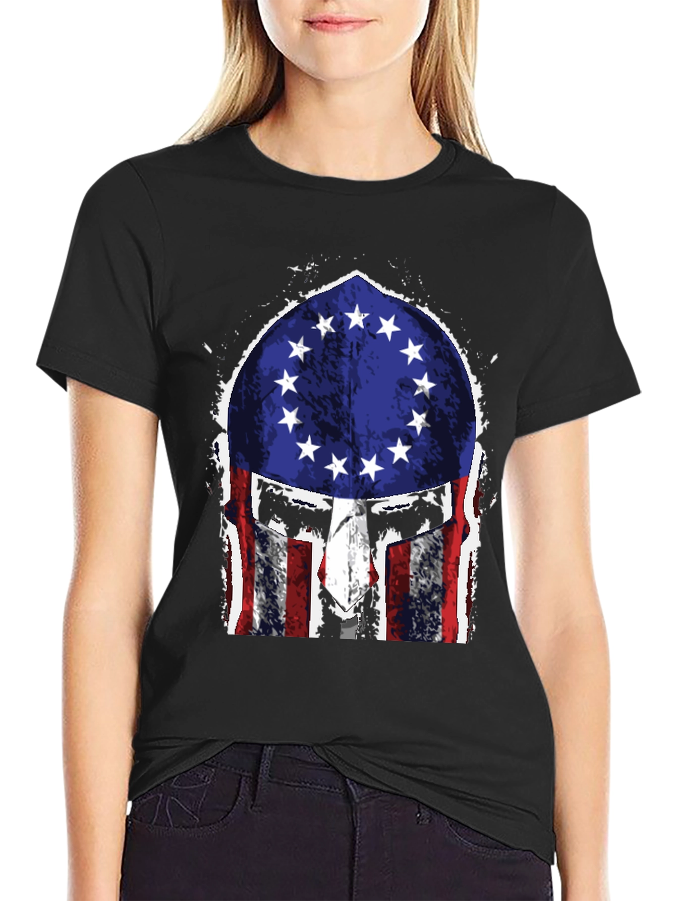 Black American Flag Spartan Helmet T-Shirt view 2