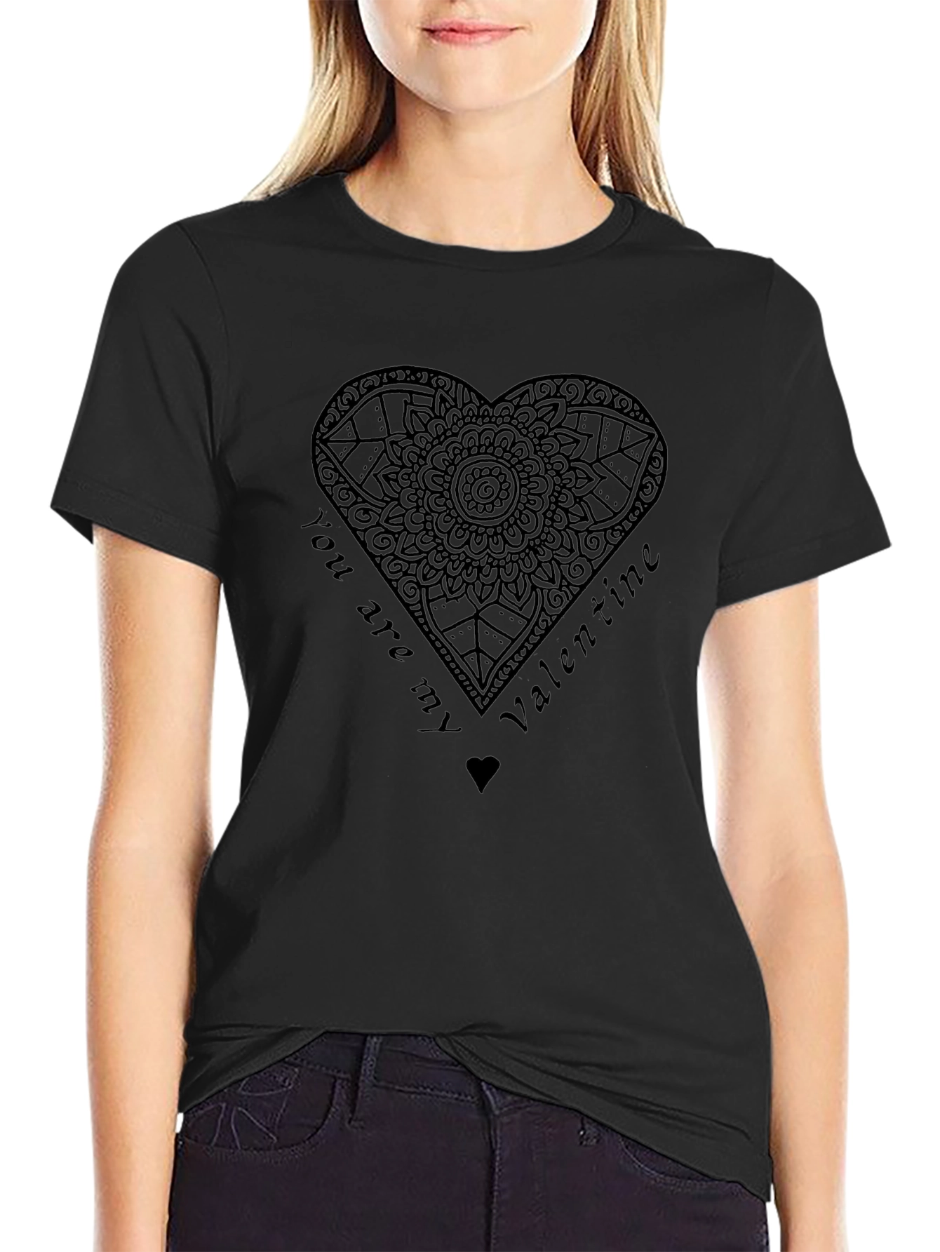 Black Valentine's Day Heart Mandala Men's Black T-Shirt view 2