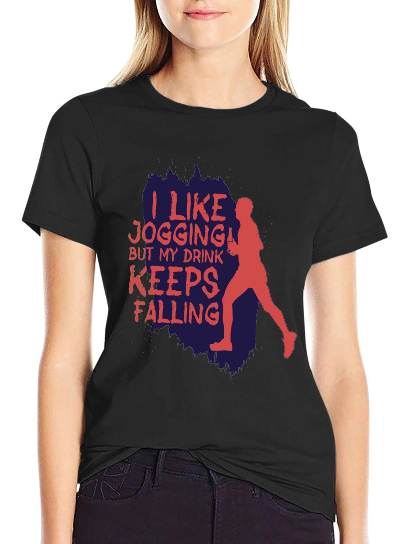Black Funny Jogging T-Shirt: I Like Jogging, My Drink Keeps Falling view 2