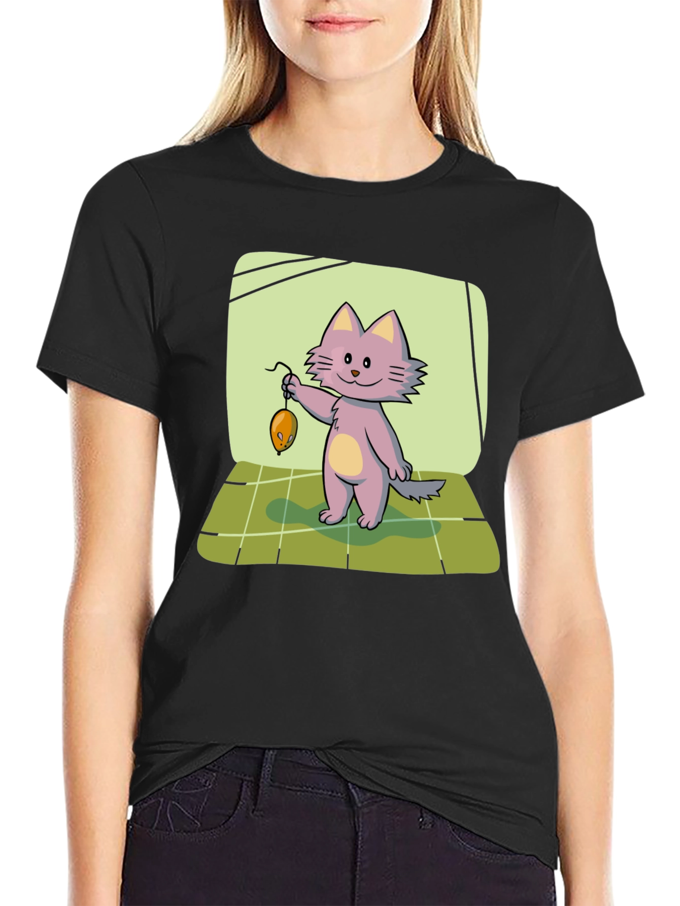 Black Cute Cat & Mouse Graphic T-Shirt view 2