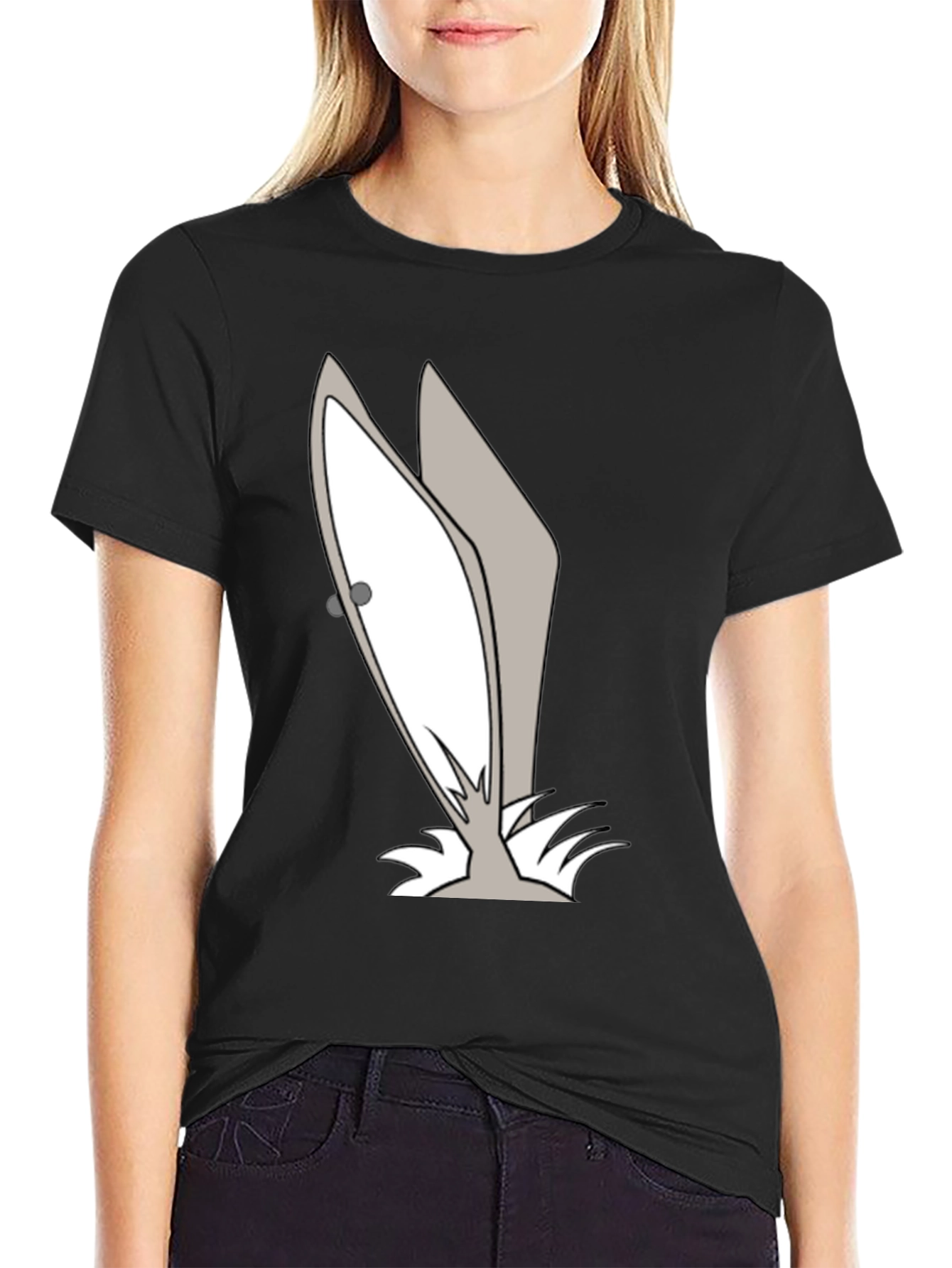 Black Funny Cartoon Bunny Ears Graphic Tee view 2