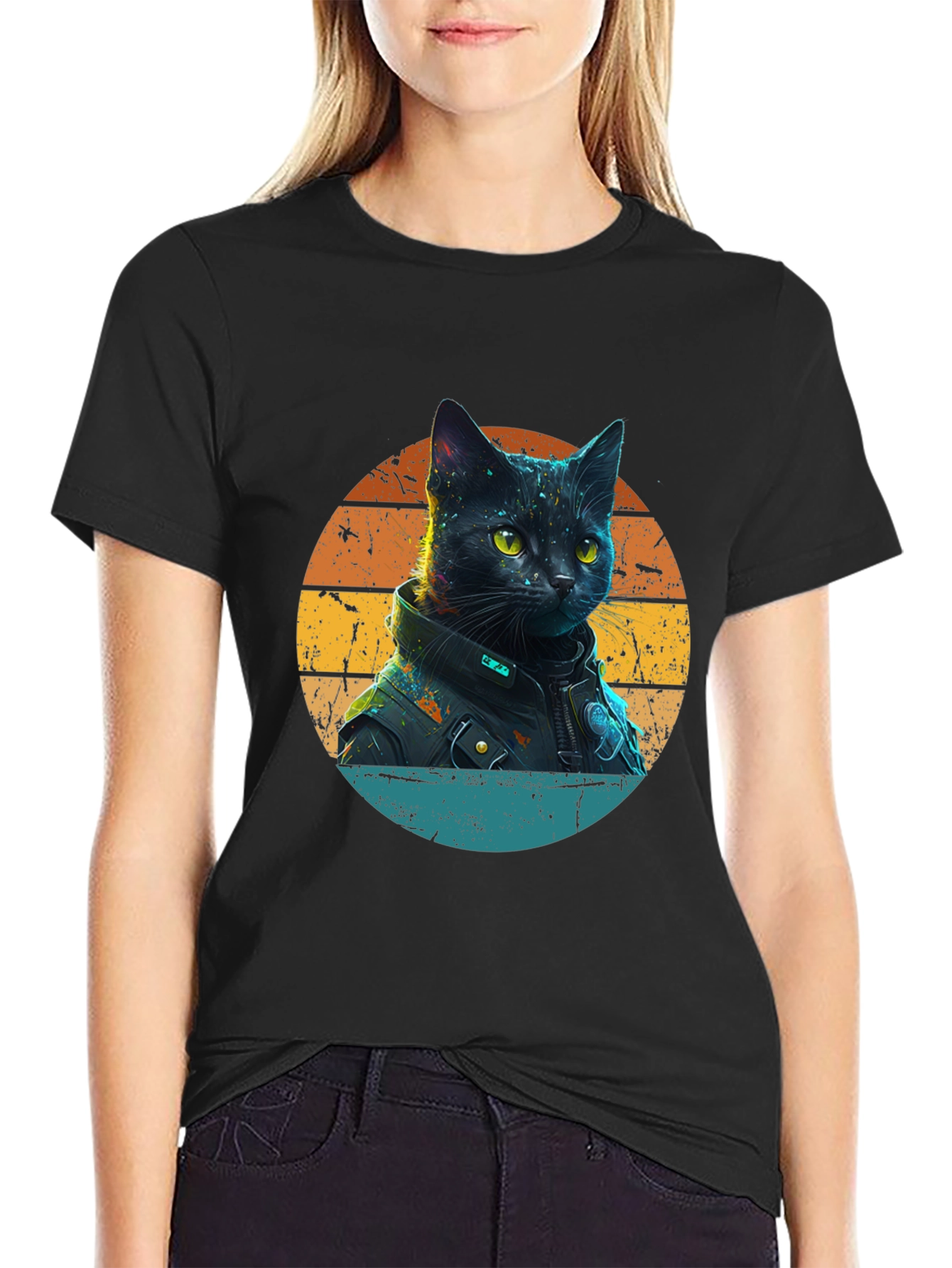 Black Cool Cat in Jacket T-Shirt view 2