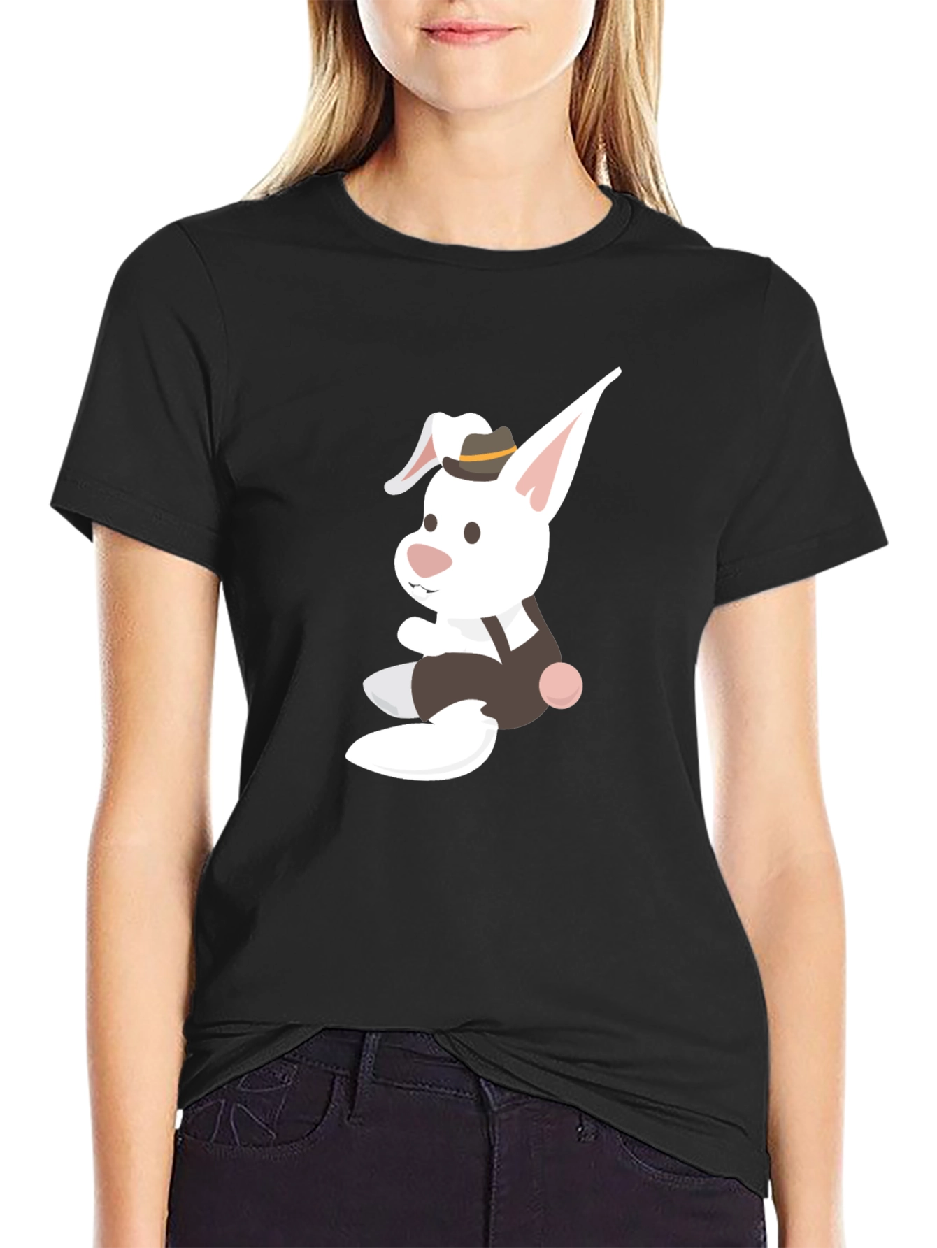 Black Whimsical Bunny Graphic Tee - Black Casual Shirt view 2