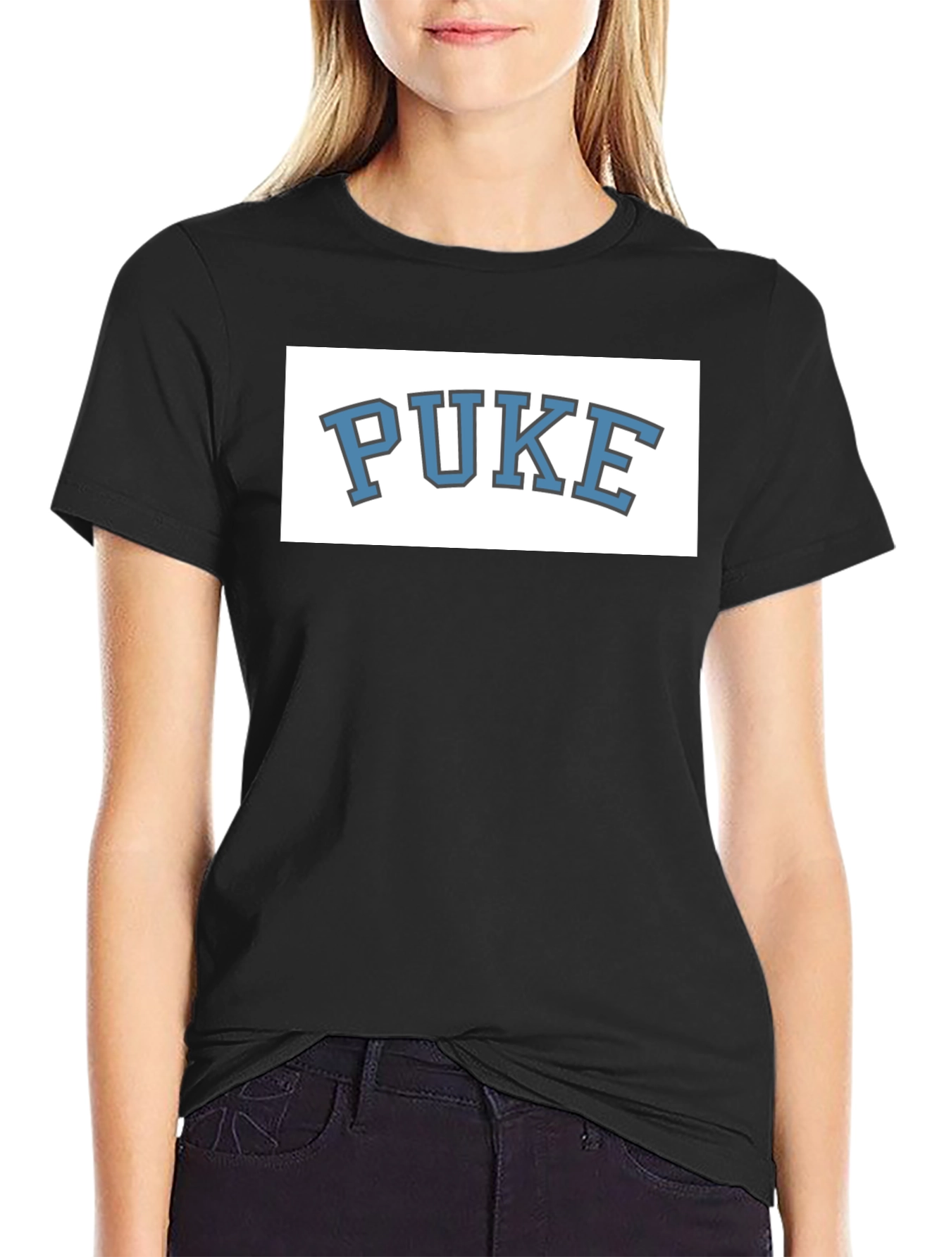 Black PUKE Graphic Tee - Novelty College Style T-Shirt view 2