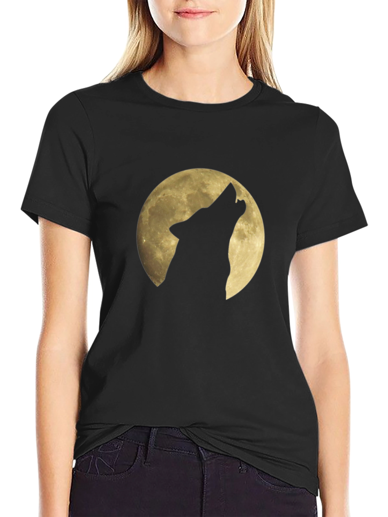 Black Wolf Howling at Moon Graphic Black T-Shirt view 2