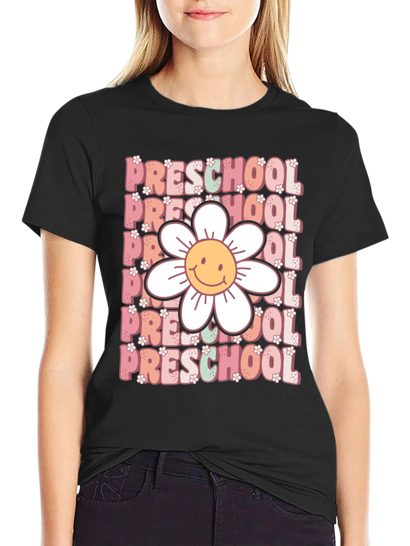 Black Preschool Teacher T-Shirt - Floral Graphic view 2