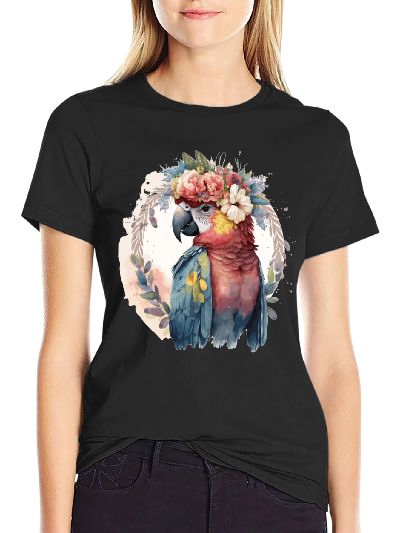 Black Parrot Floral Crown T-Shirt - Men's Black Tee view 2