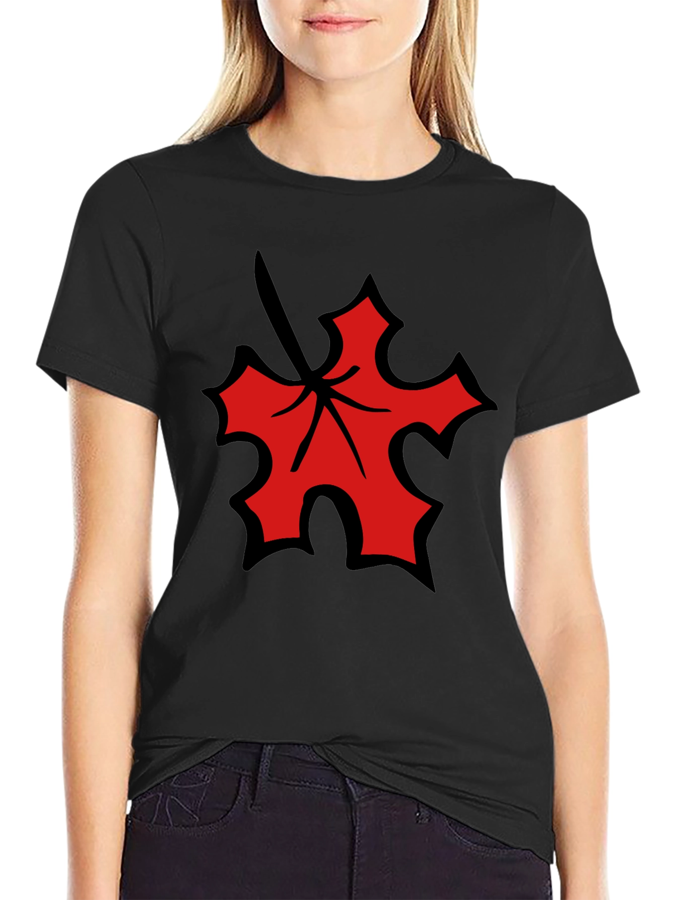Black Red Leaf Graphic Black T-Shirt view 2