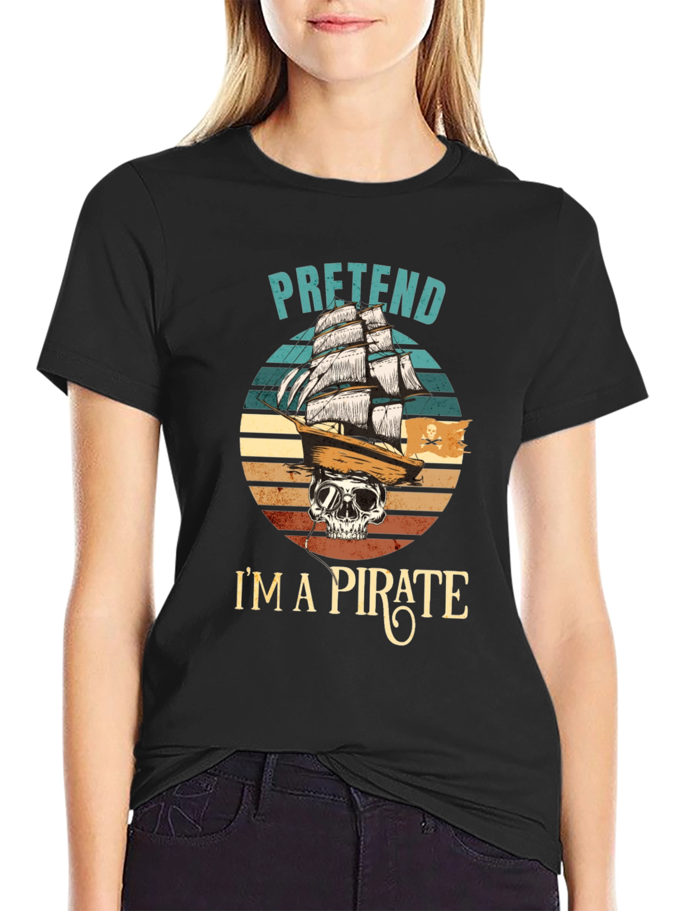 Black Pretend I'm A Pirate T-Shirt - Skull & Ship Graphic Tee view 2