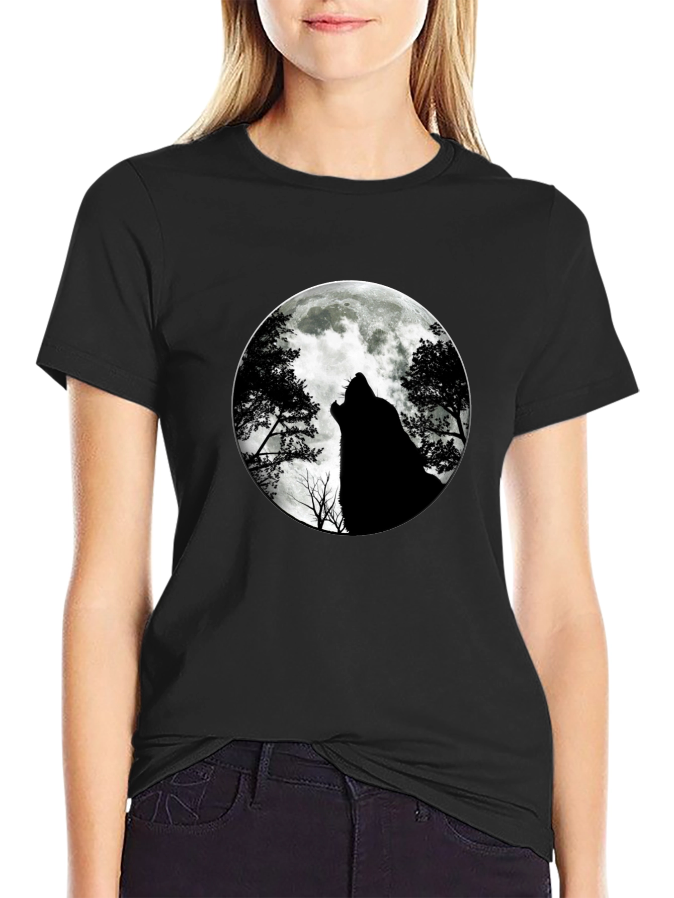 Black Wolf Moon Graphic Tee - Black Cotton T-Shirt view 2