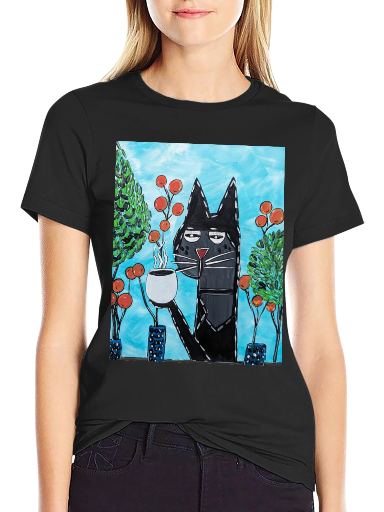 Black Cool Cat Sipping Coffee T-Shirt view 2
