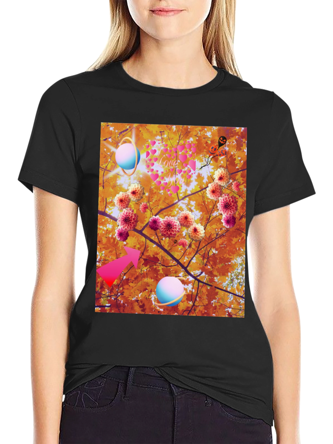 Black Artistic Graphic Tee: Floral Galaxy Love view 2