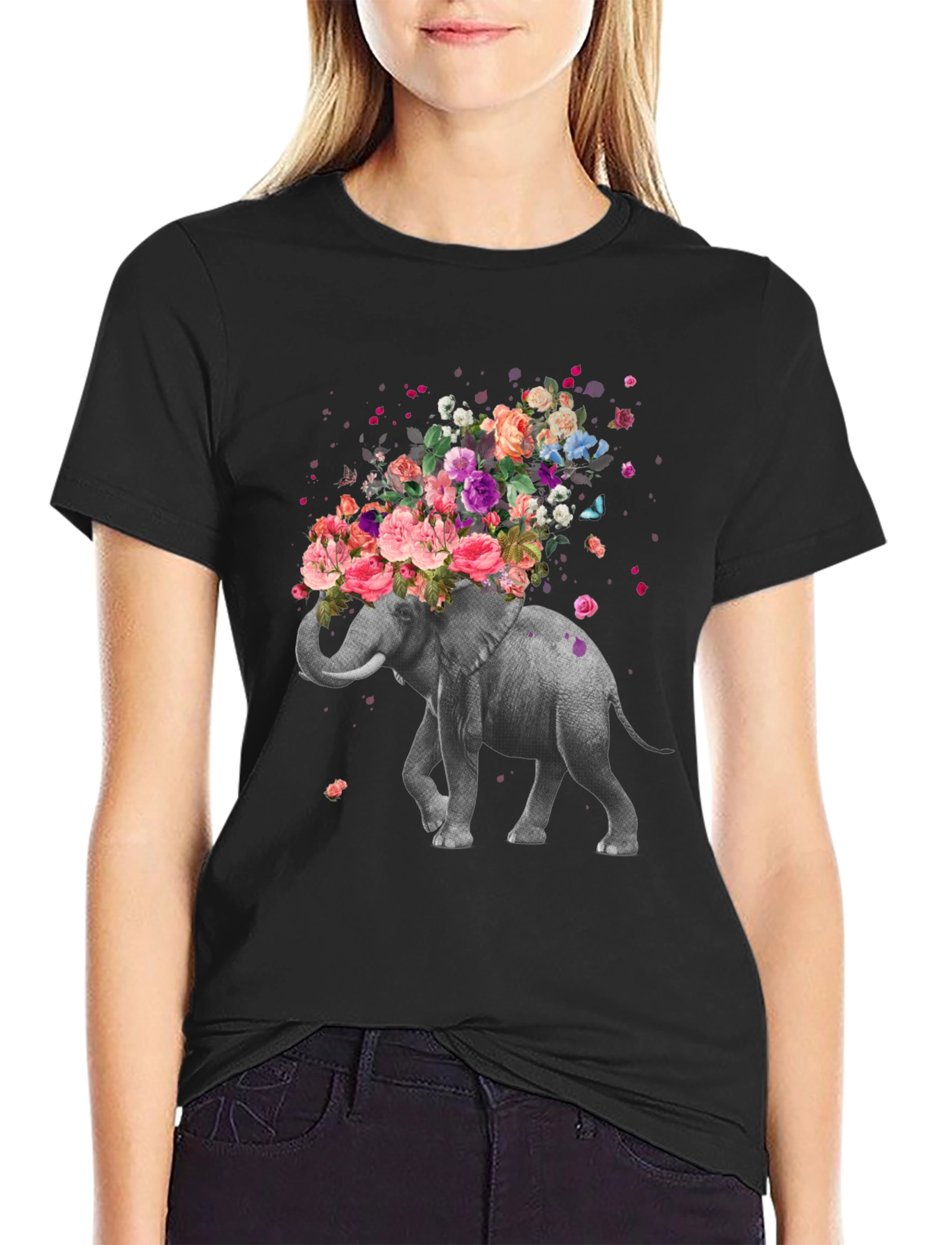 Black Floral Elephant T-Shirt - Unique Graphic Tee view 2