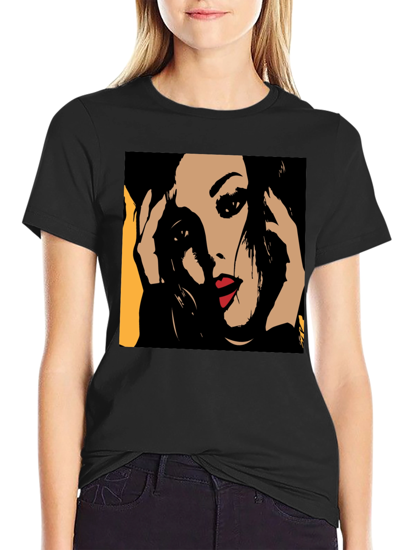 Black Pop Art Woman Graphic Black T-Shirt view 2
