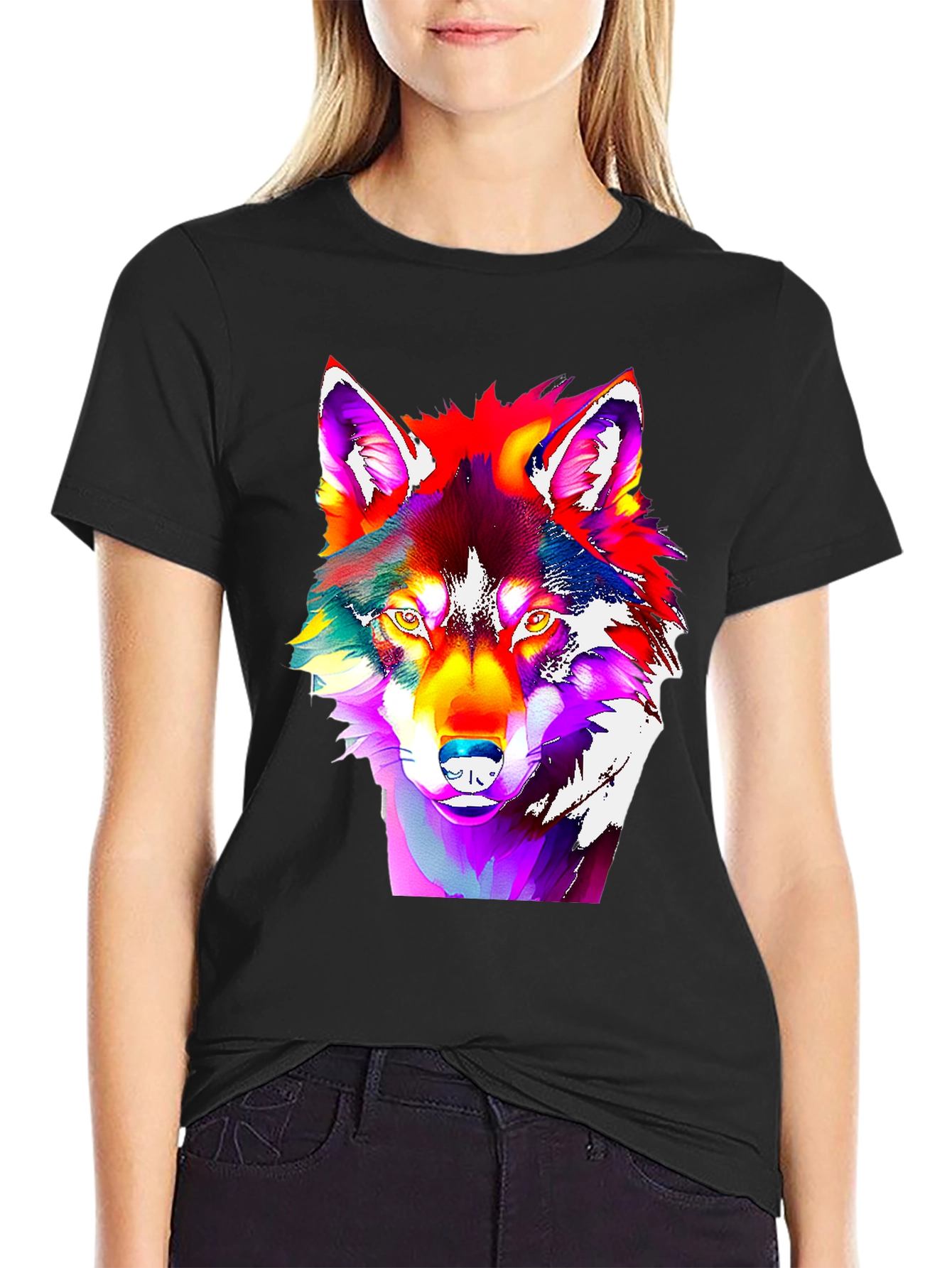 Black Vivid Wolf Graphic Tee - Bold Art Print view 2