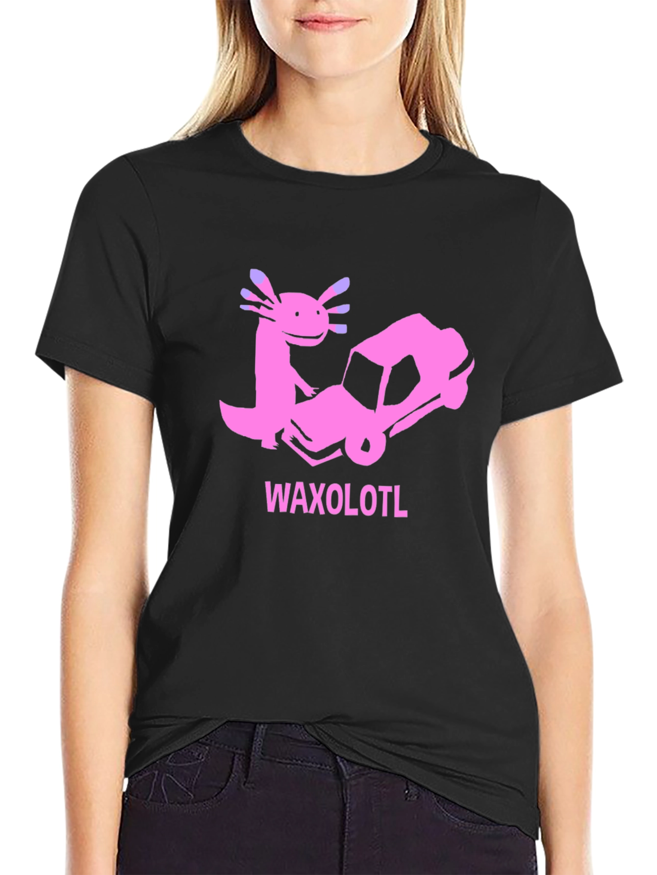 Black Axolotl Car T-Shirt: Funny Pink Cartoon Tee view 2