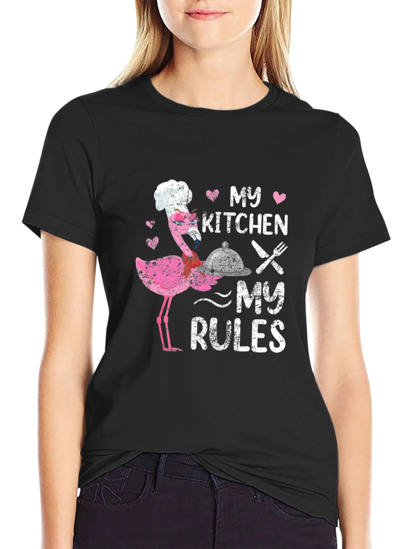 Black My Kitchen My Rules Flamingo Chef T-Shirt view 2