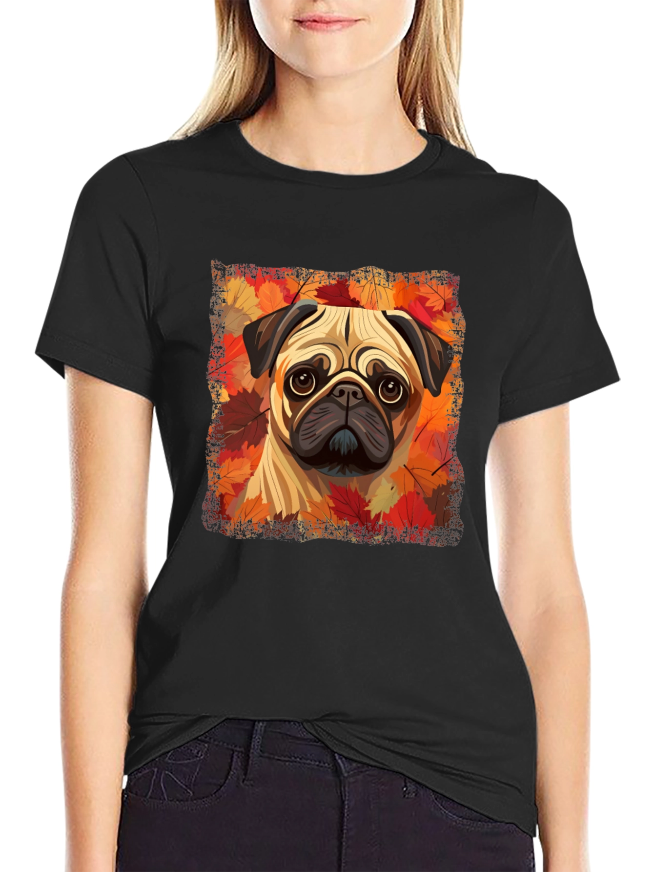 Black Pug in Autumn Leaves Graphic T-Shirt view 2