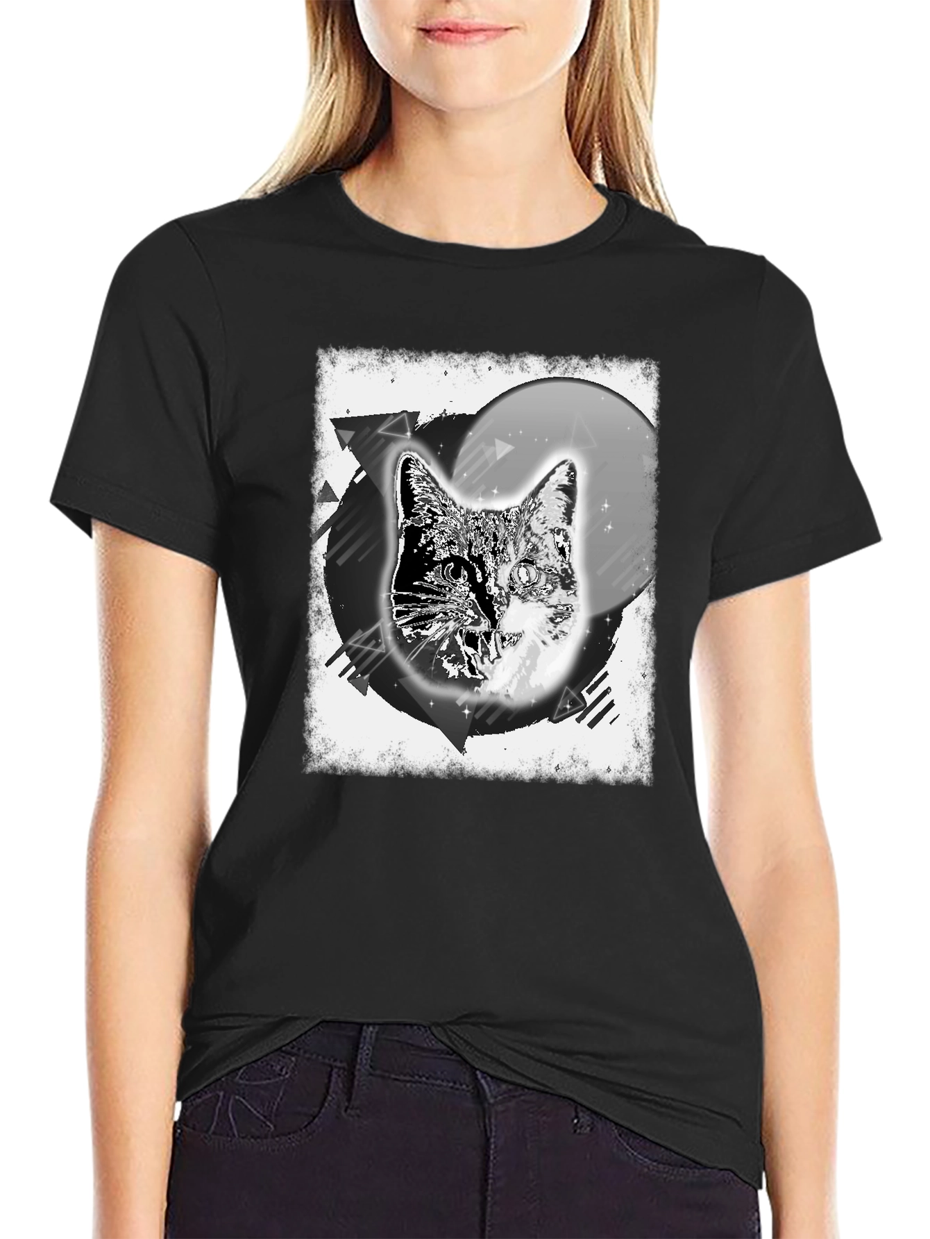 Black Cosmic Cat Graphic Tee - Black Cotton Blend view 2
