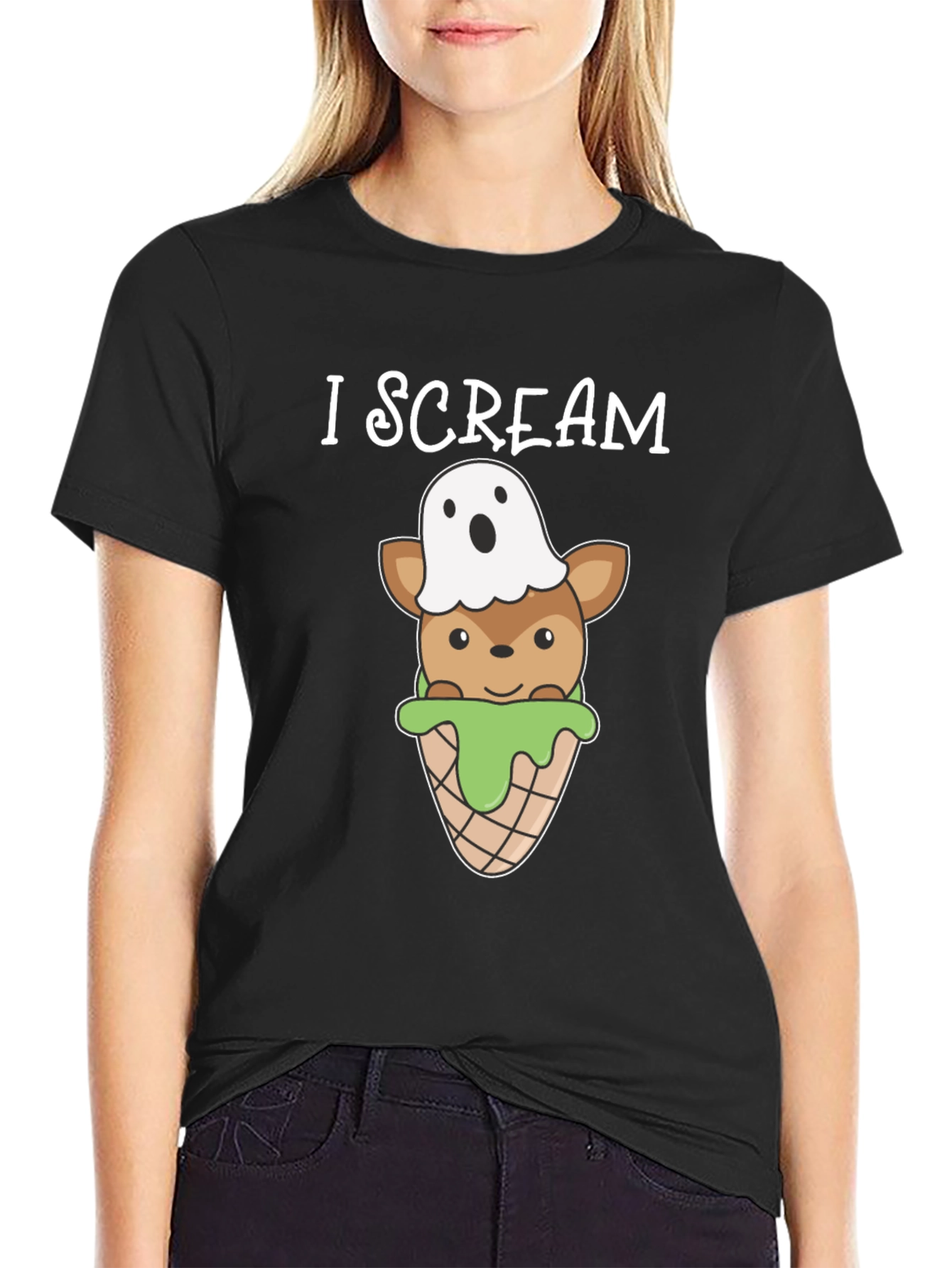 Black I Scream Deer Ghost Graphic T-Shirt view 2
