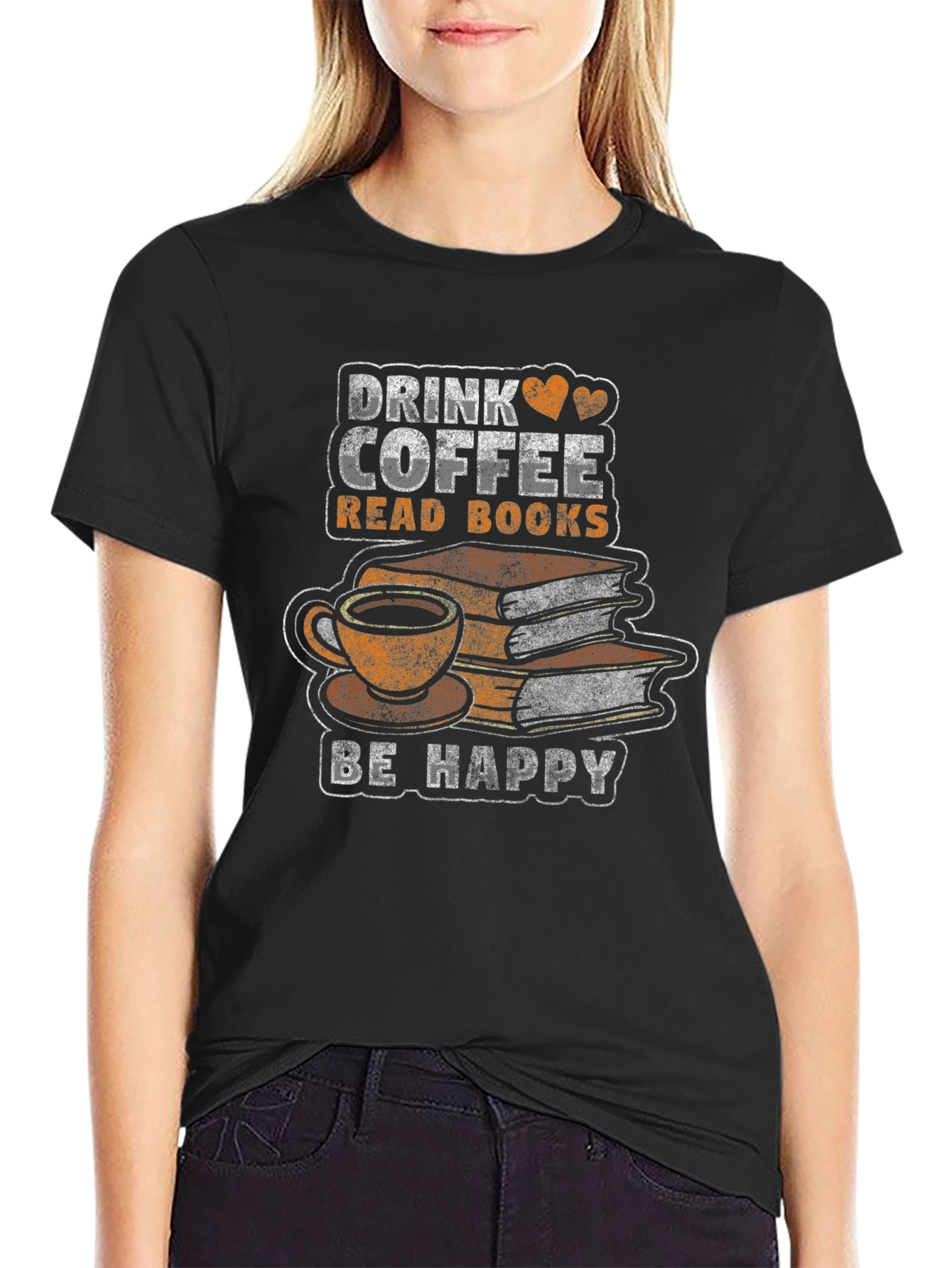 Black Drink Coffee Read Books T-Shirt - Be Happy view 2