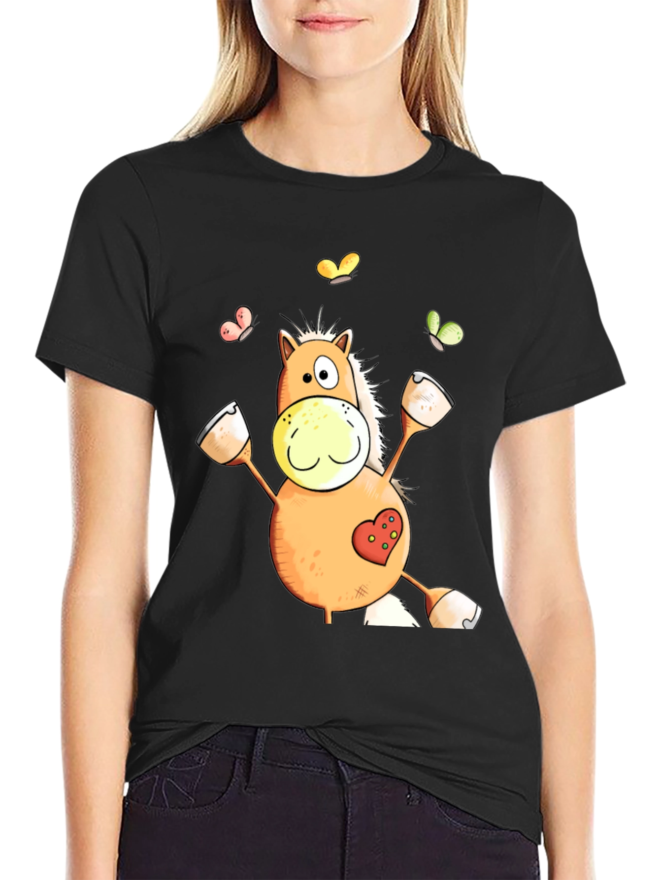 Black Horse Cartoon Graphic Black T-Shirt view 2