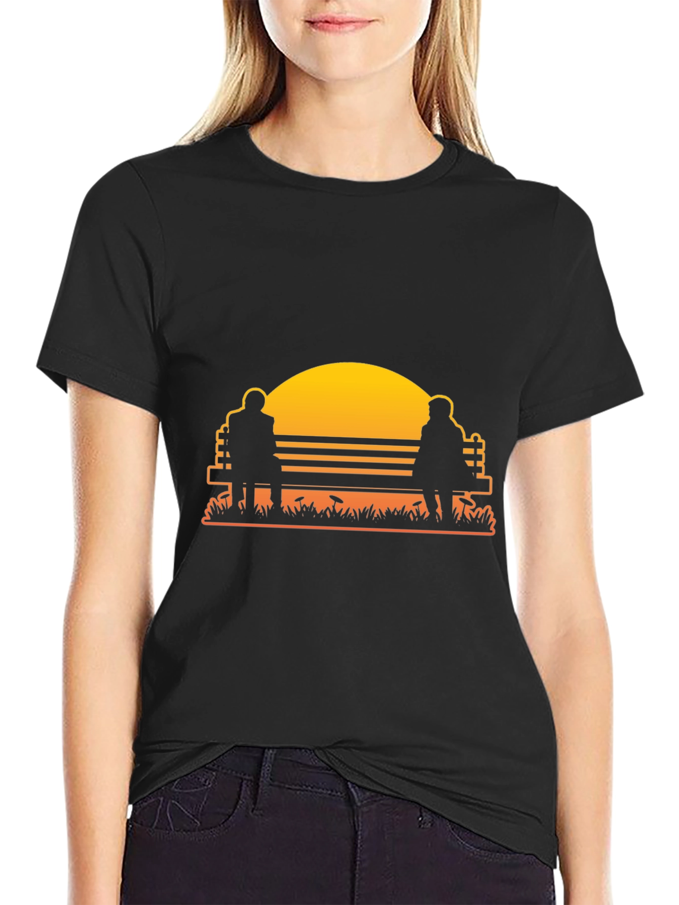 Black Sunset Couple Bench Graphic Tee view 2