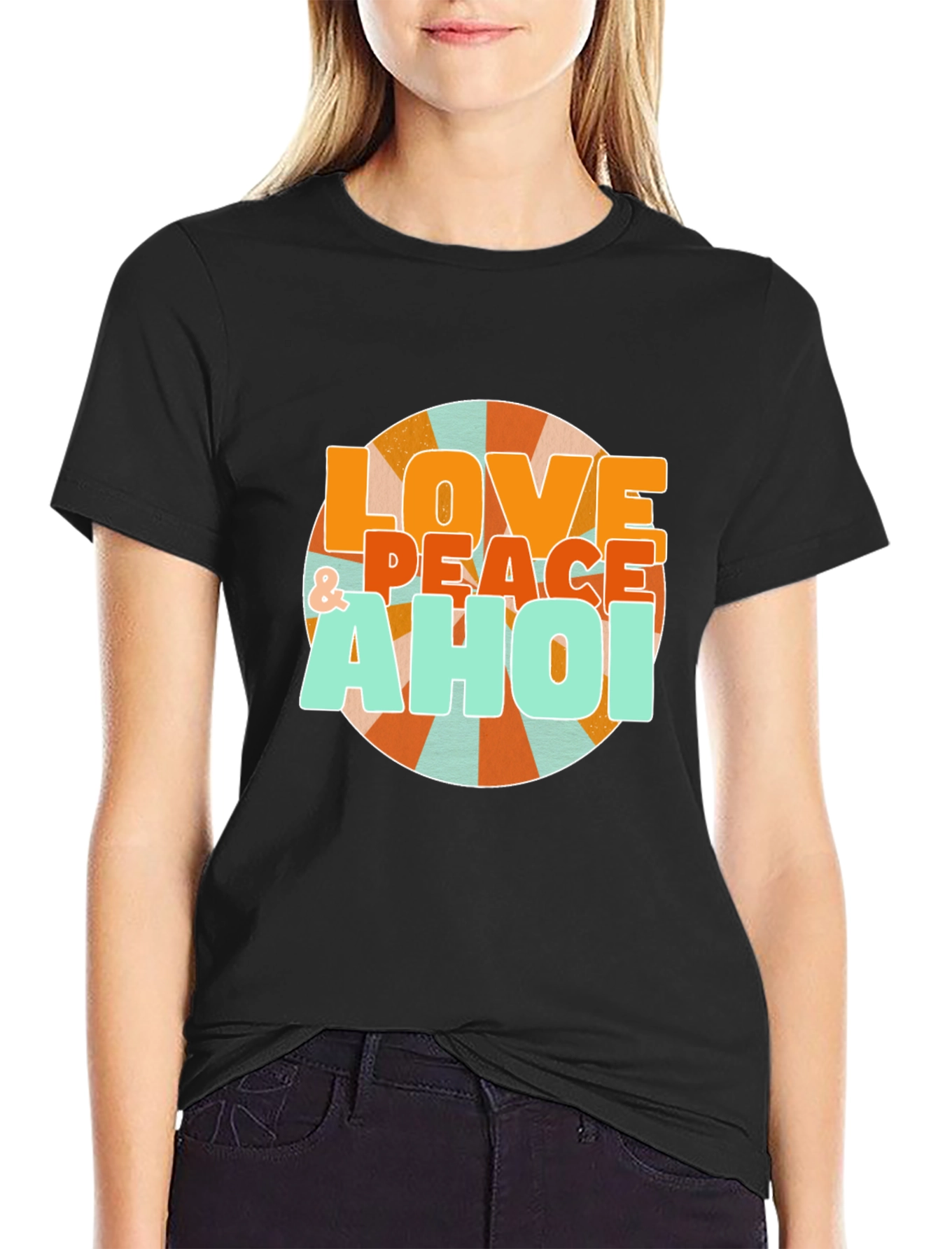 Black Retro Love & Peace Ahoi Graphic T-Shirt view 2