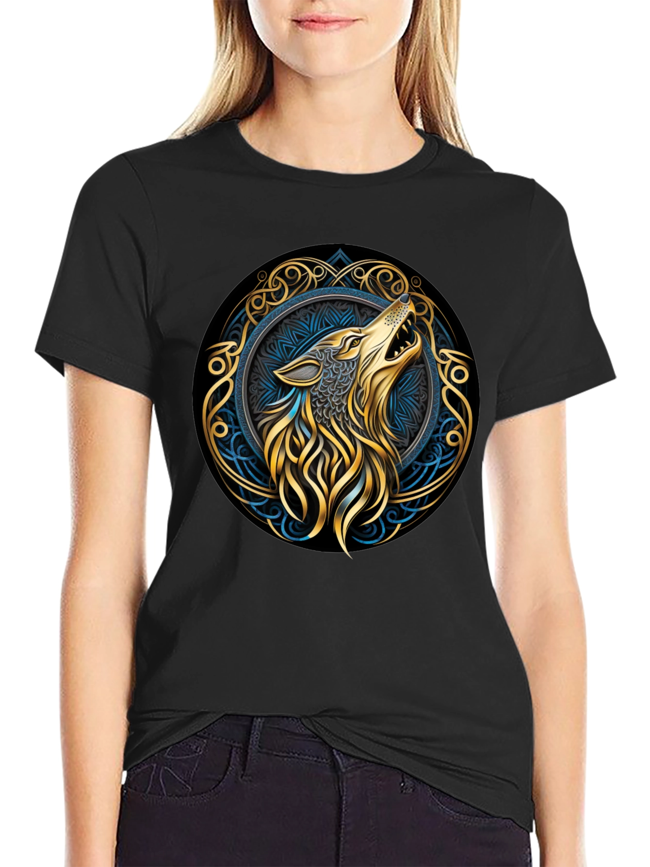 Black Wolf Design Black T-Shirt - Mystic Tribal Circle view 2