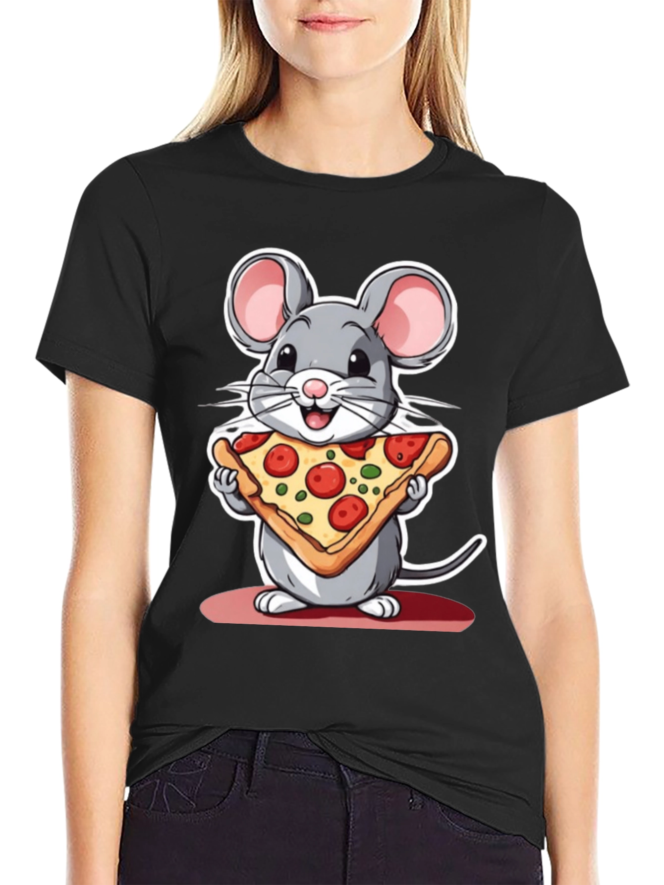 Black Cartoon Mouse Pizza Graphic Tee view 2