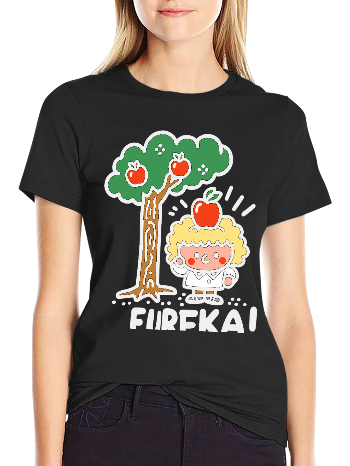 Black Eureka Apple Cartoon Graphic Black T-Shirt view 2