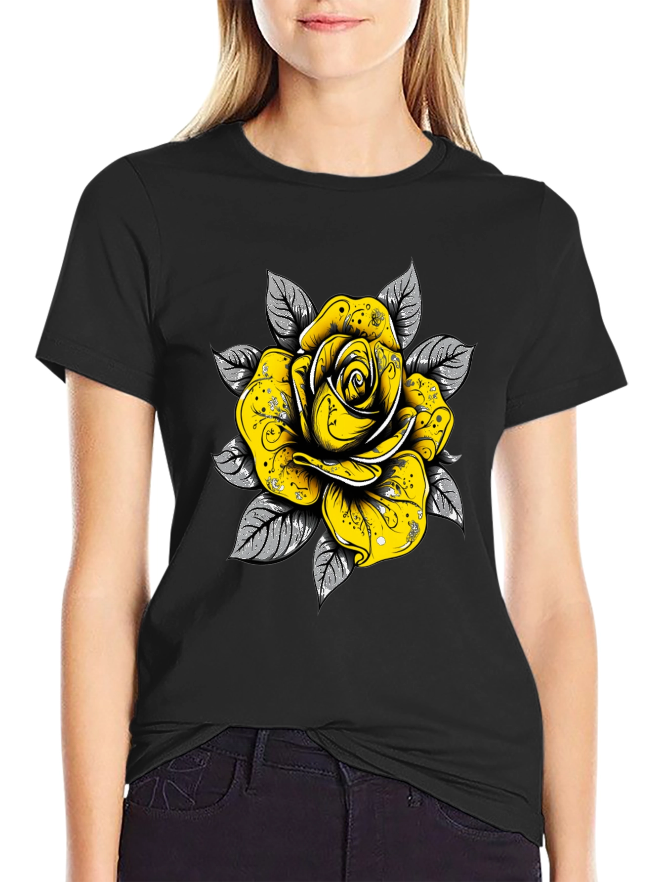 Black Rose Graphic Tee - Sleek Black Cotton T-Shirt view 2