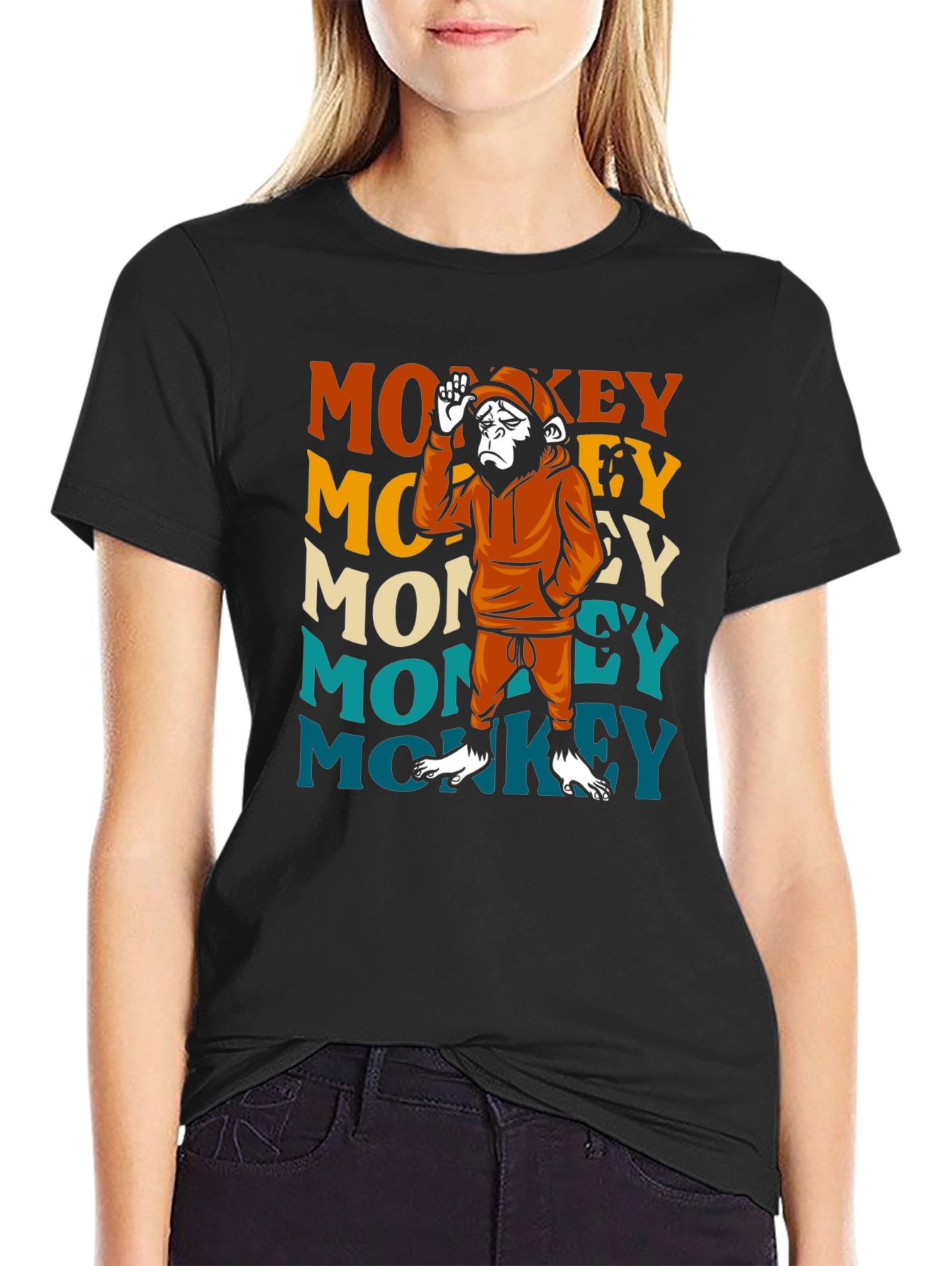 Black Retro Monkey Graphic T-Shirt view 2