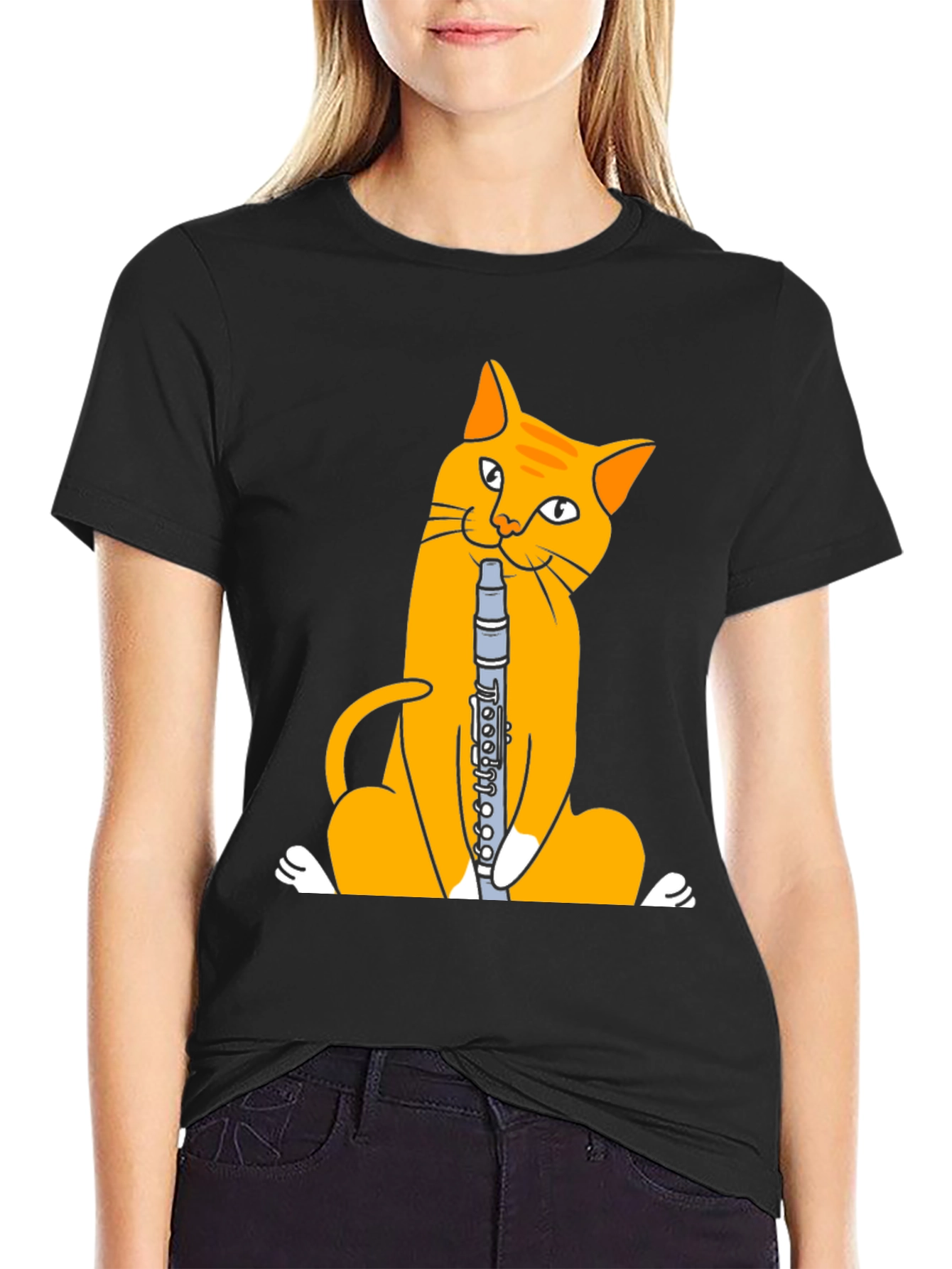 Black Cat Playing Clarinet T-Shirt - Black Cotton Tee view 2