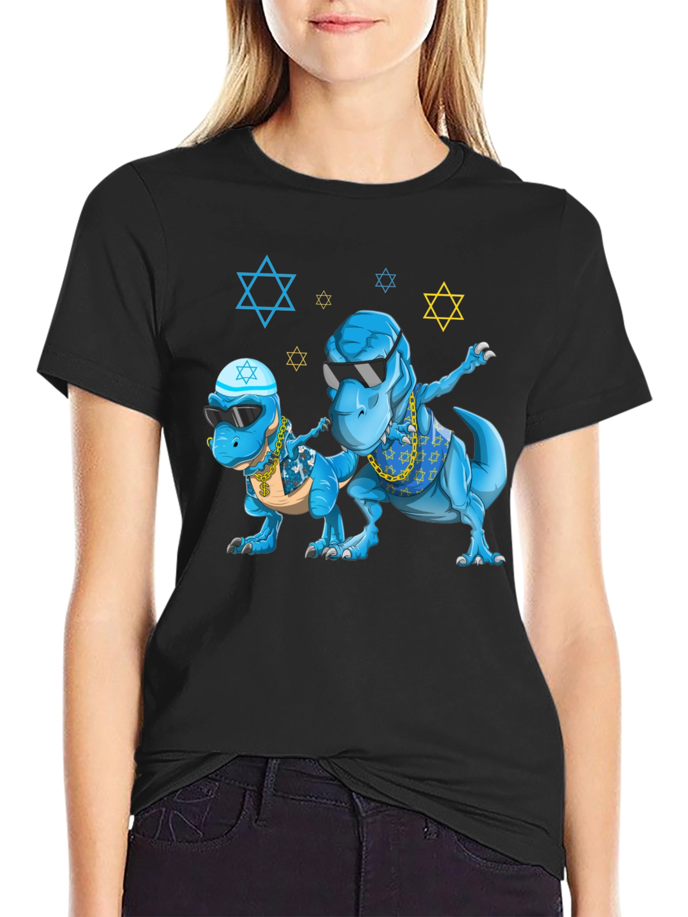 Black Dinosaur Graphic Tee - Fun Jewish T-Rex Design view 2