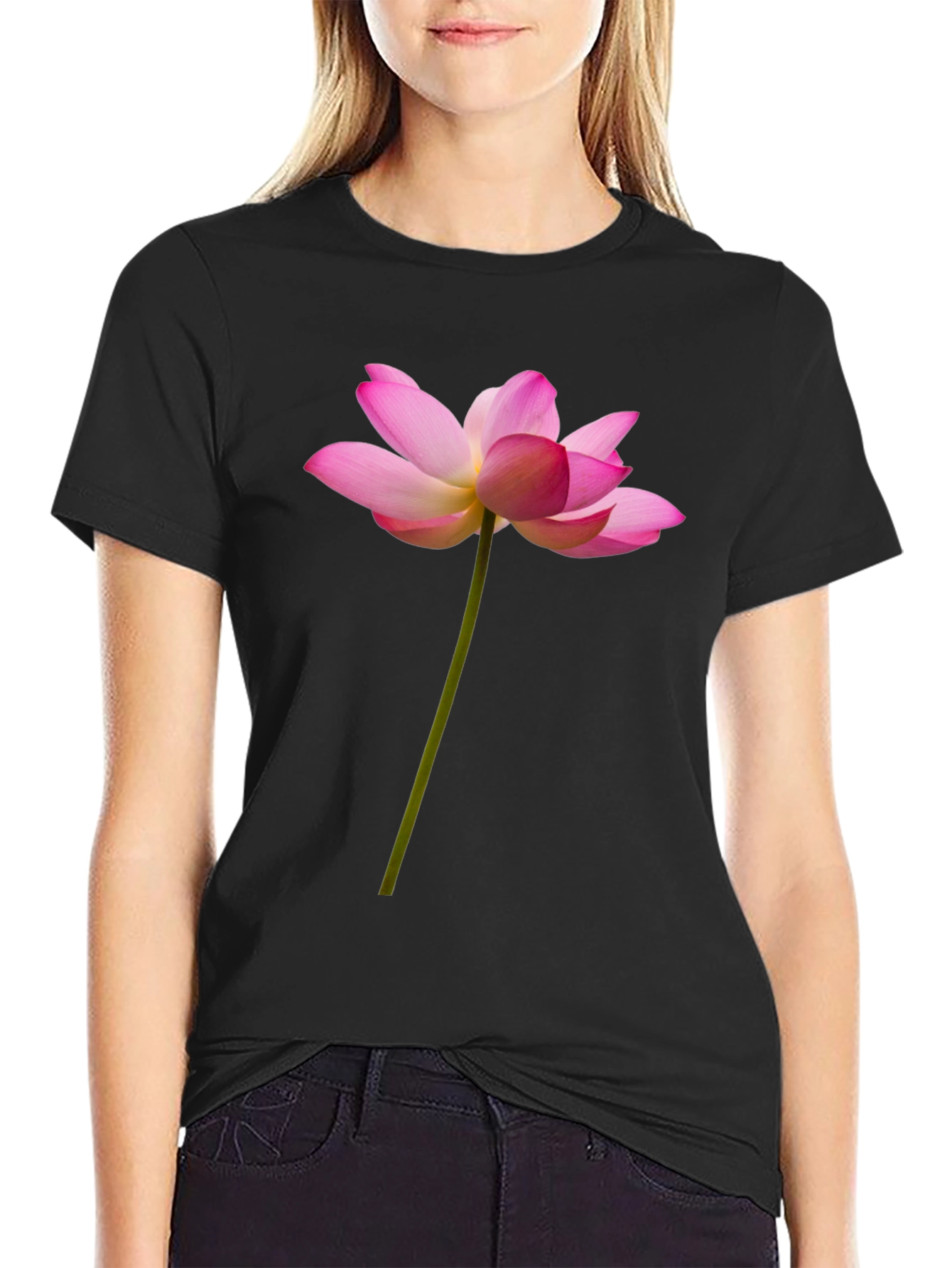 Black Lotus Flower Graphic Tee - Black Cotton T-Shirt view 2