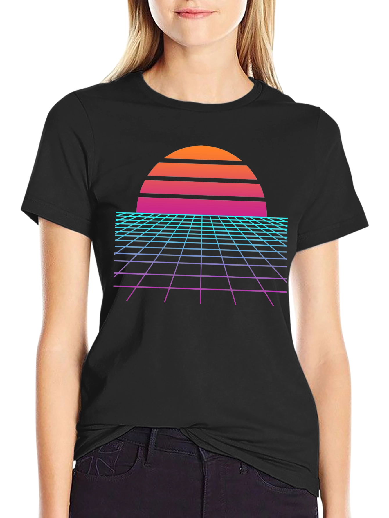Black Retro Wave Sunset Graphic Tee - Black view 2