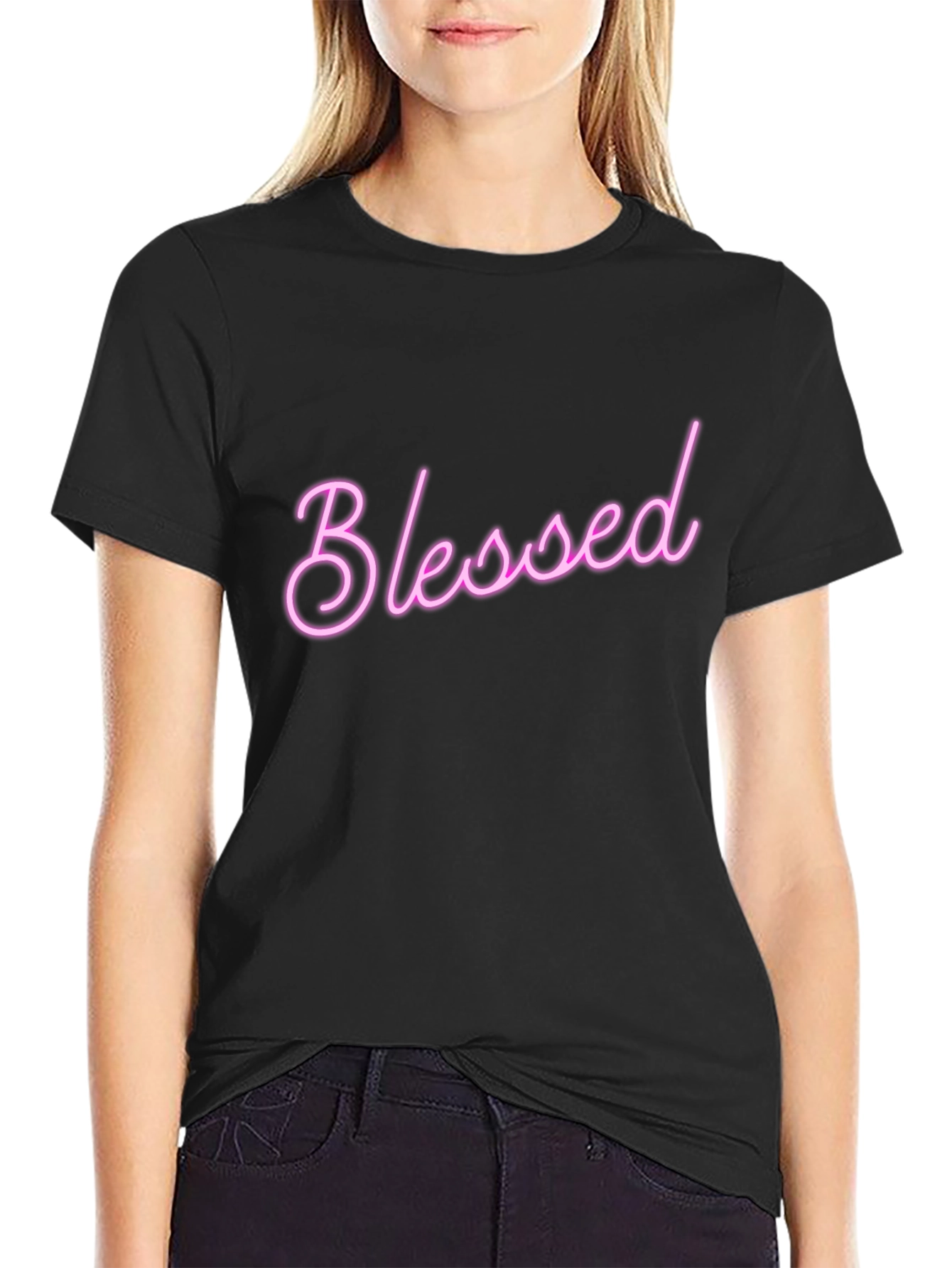 Black Blessed Pink Neon Style T-Shirt view 2