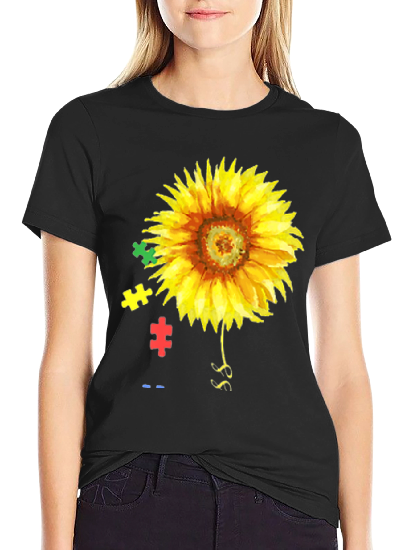 Black Sunflower Autism Awareness T-Shirt view 2