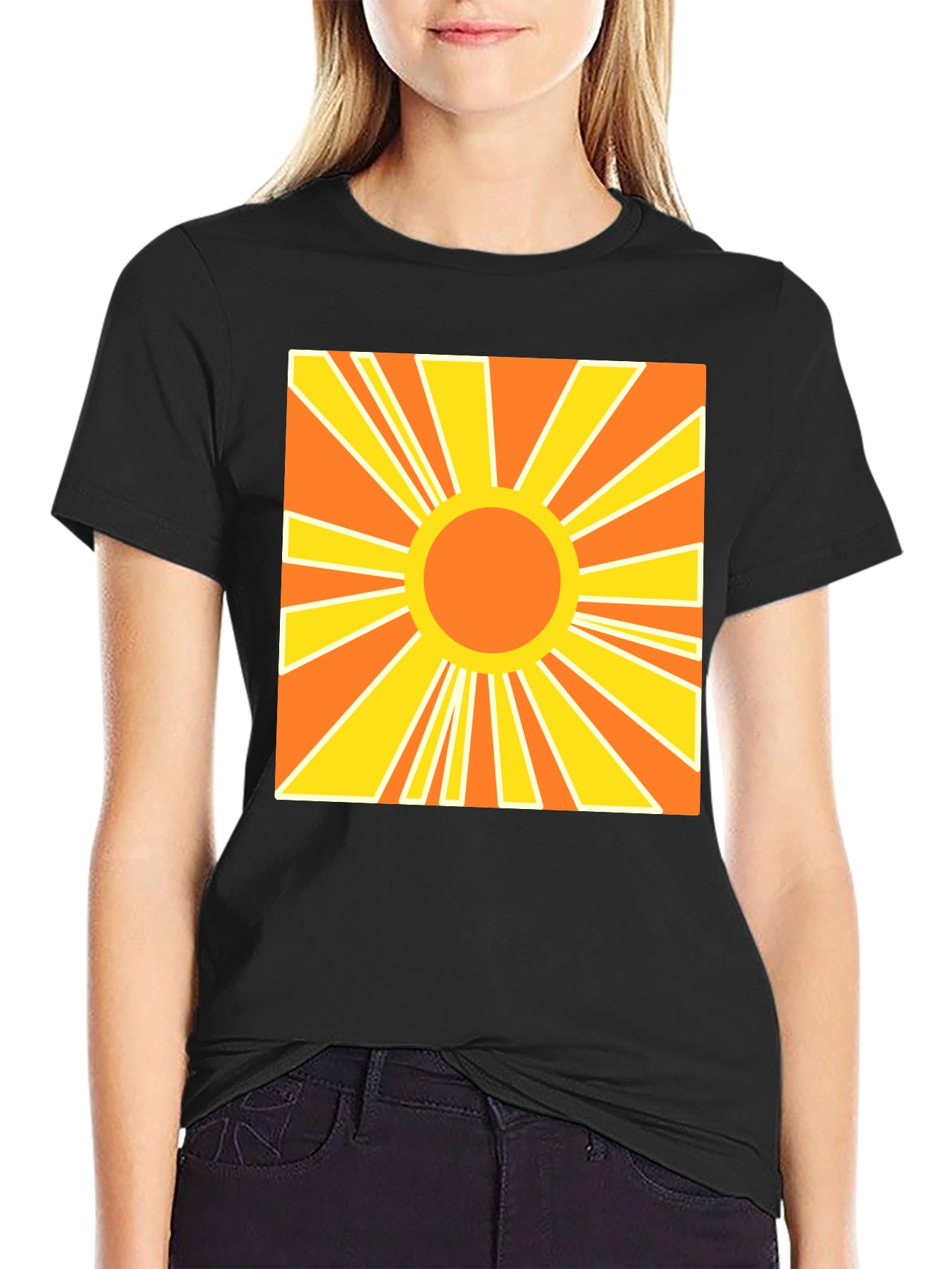Black Retro Sunburst Graphic Tee - Black Cotton T-Shirt view 2