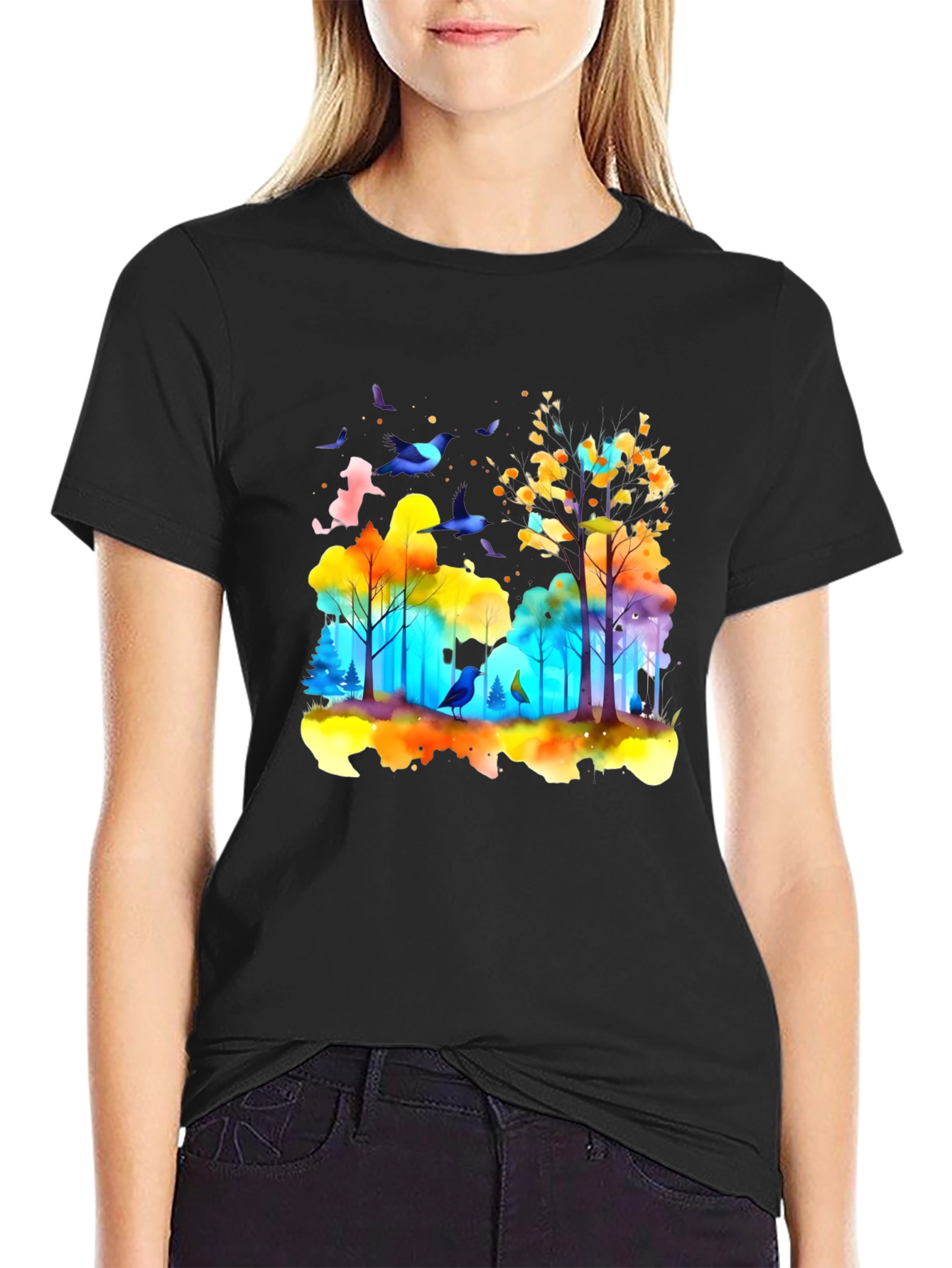 Black Watercolor Forest Birds T-Shirt view 2