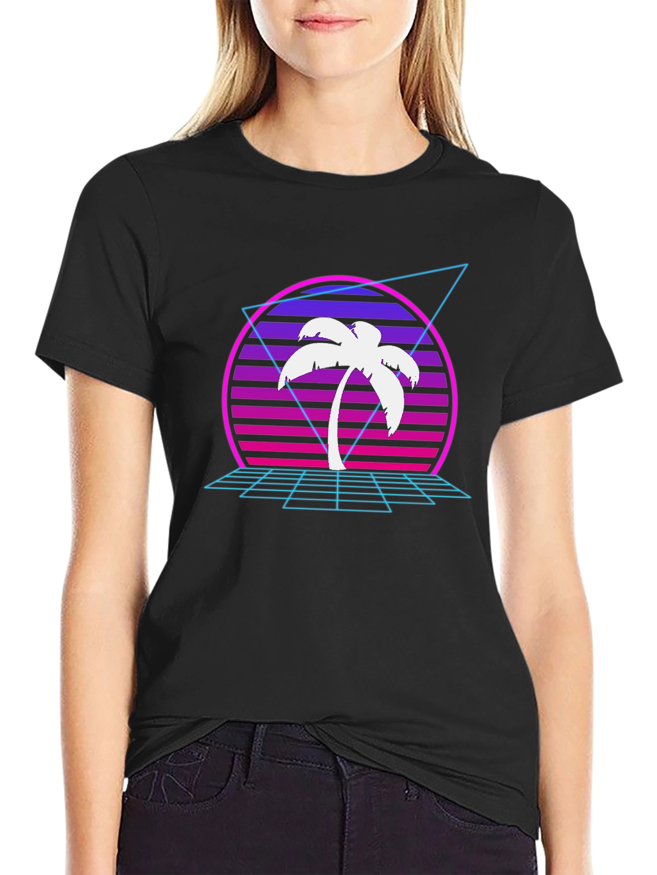 Black Retro Palm Tree T-Shirt - Synthwave Design view 2