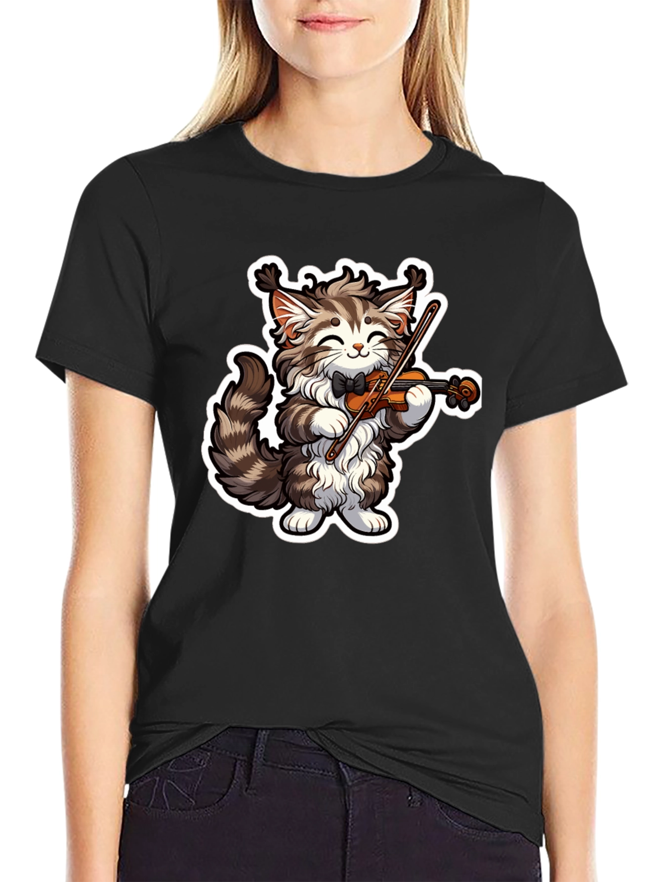 Black Musical Cat T-Shirt - Violin Playing Kitten Tee view 2