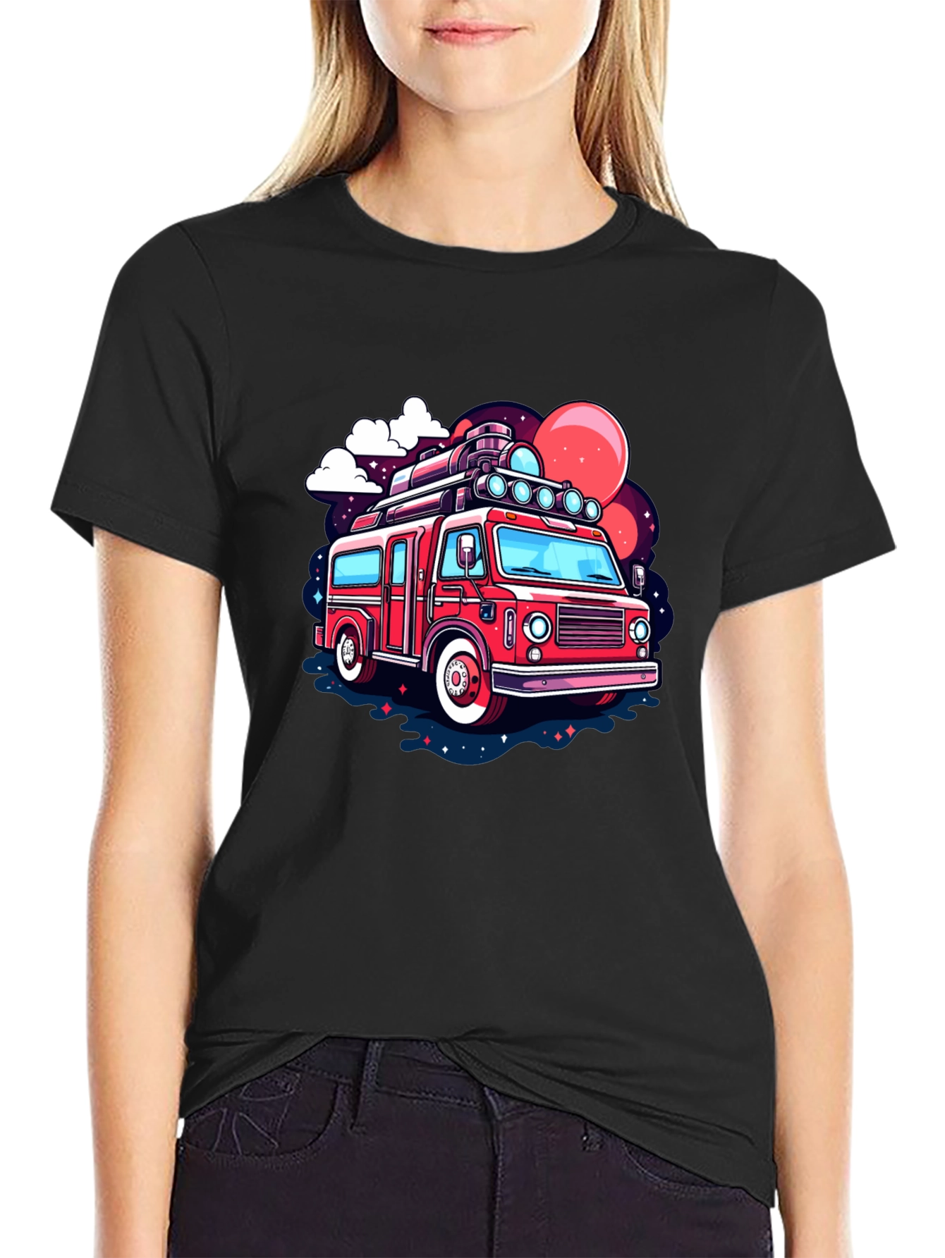 Black Retro Cartoon Bus Graphic T-Shirt view 2