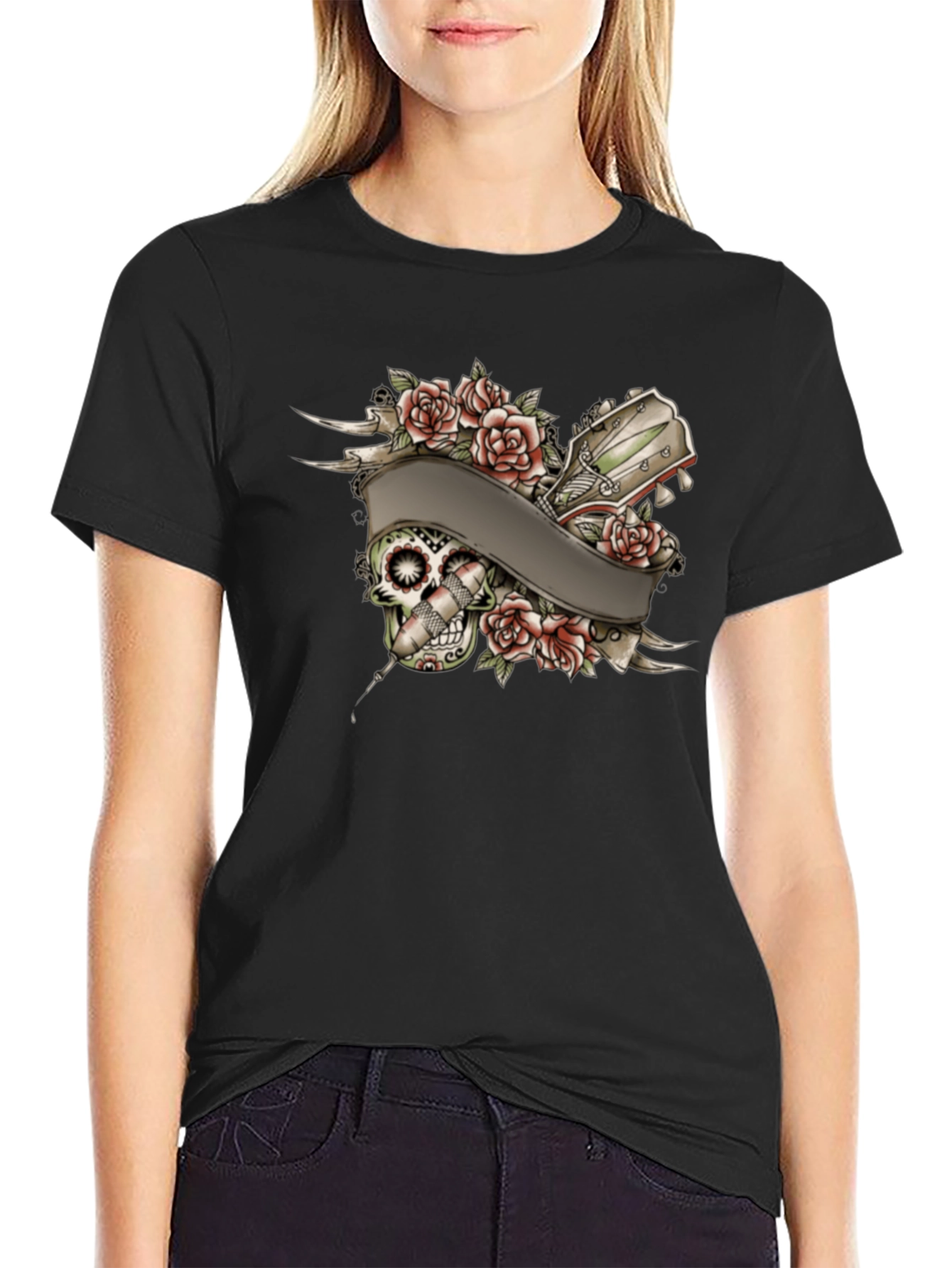 Black Skull Roses Tattoo Style Graphic Tee view 2