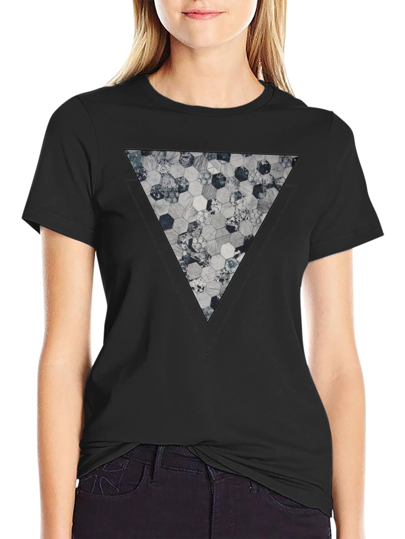 Black Geometric Hexagon Triangle Graphic Tee - Black view 2