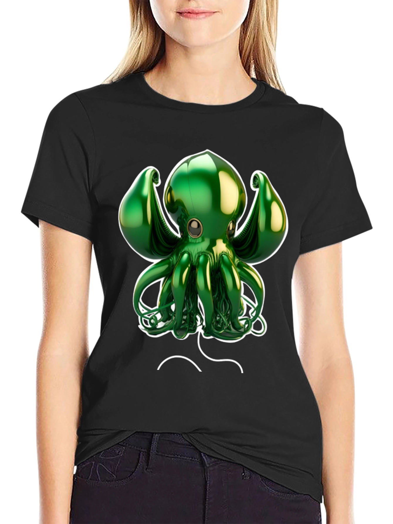 Black Green Octopus Graphic Tee - Black Cotton Blend view 2