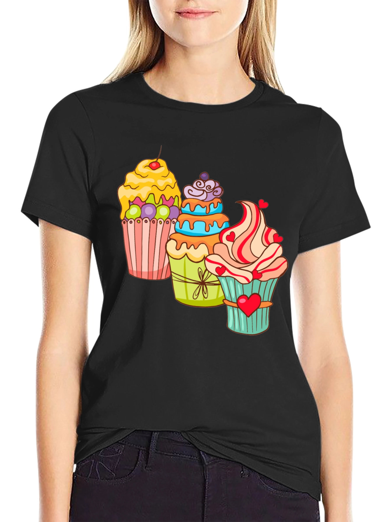Black Cupcake T-Shirt Black Cotton Short Sleeve Dessert Lover view 2