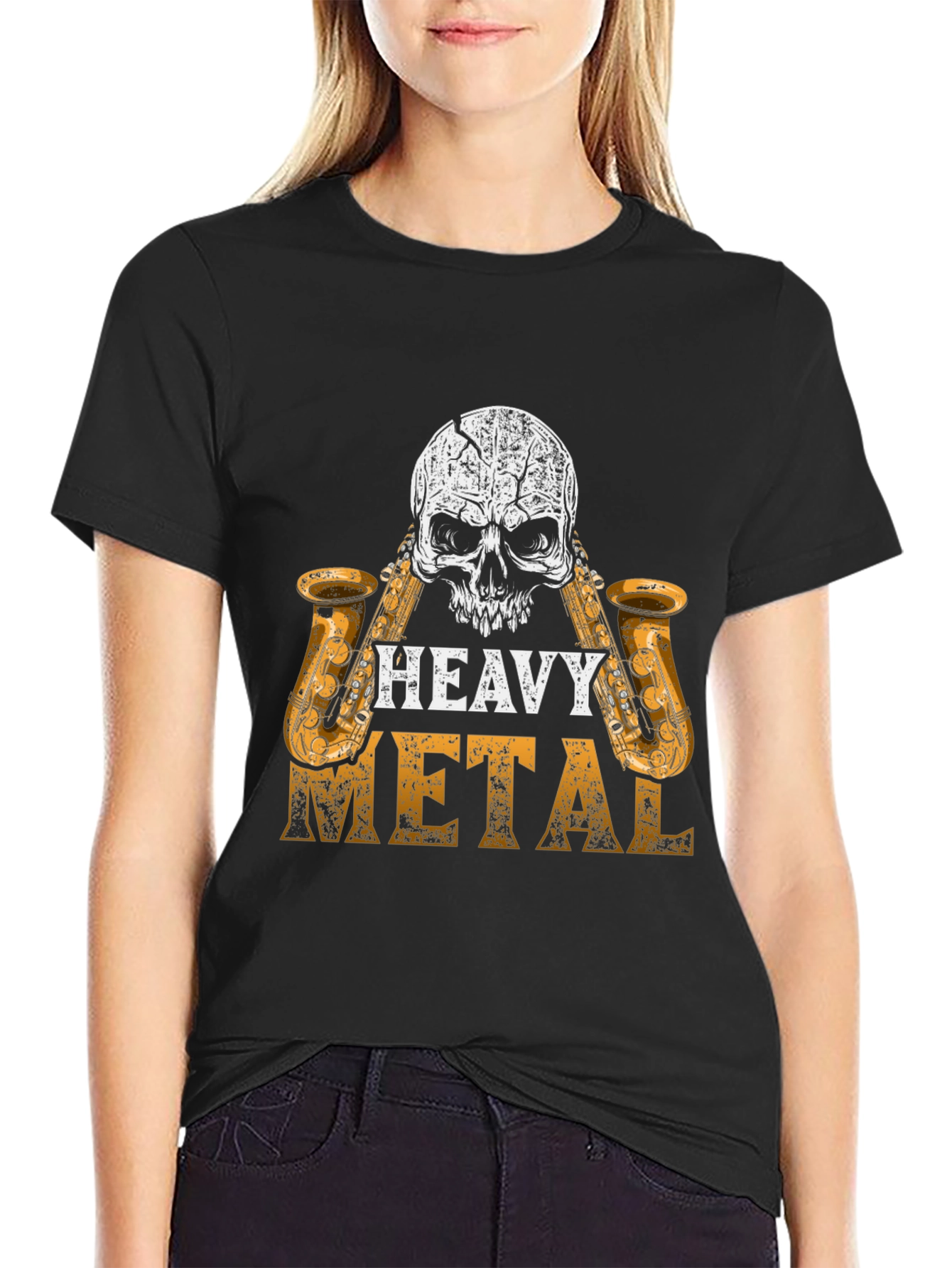 Black Heavy Metal Skull Saxophone Graphic Black T-Shirt view 2