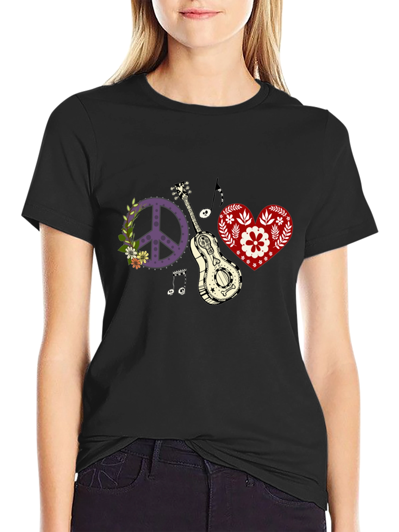 Black Peace, Love & Music T-Shirt - Black Cotton Tee view 2